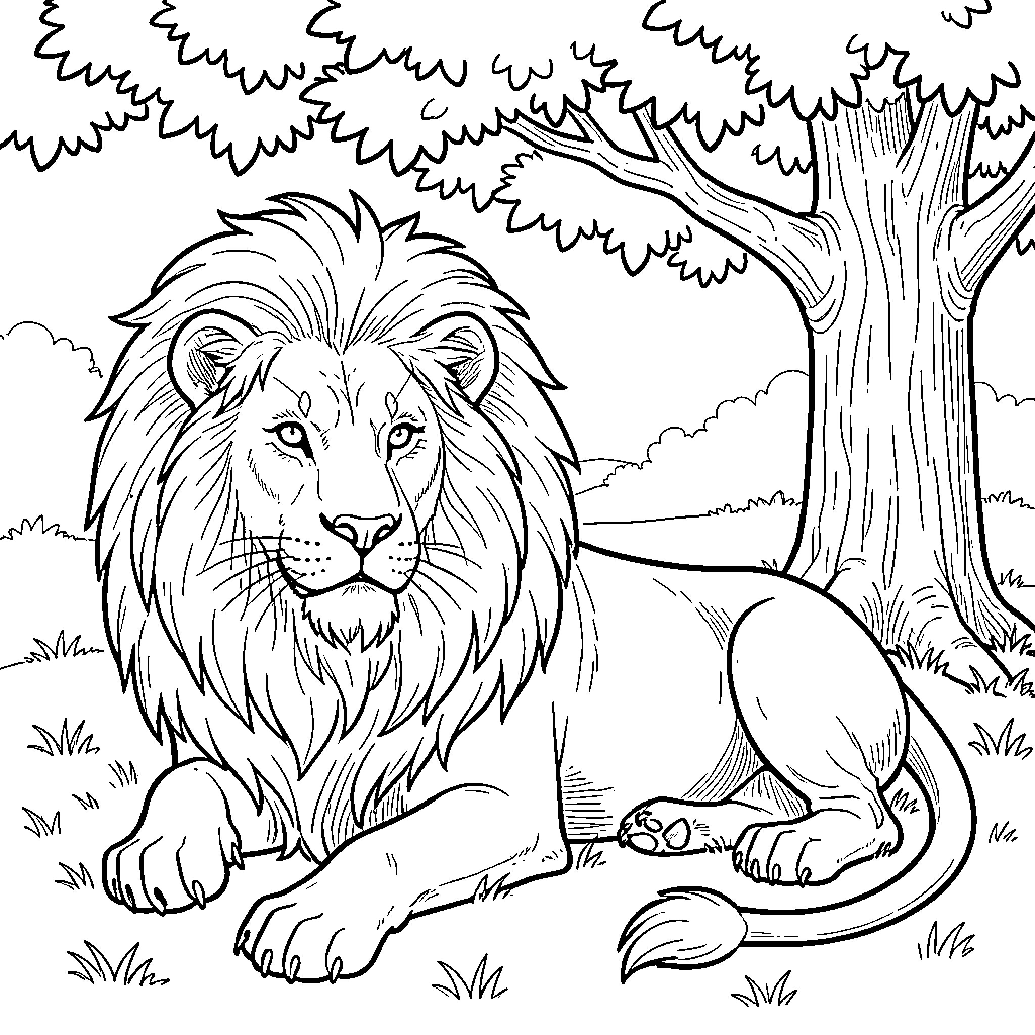 Lion resting in the wilderness Coloring Page (free black-and-white line drawing printable PDF for all, from beginners to advanced learners, including children, teens, adults, and seniors)