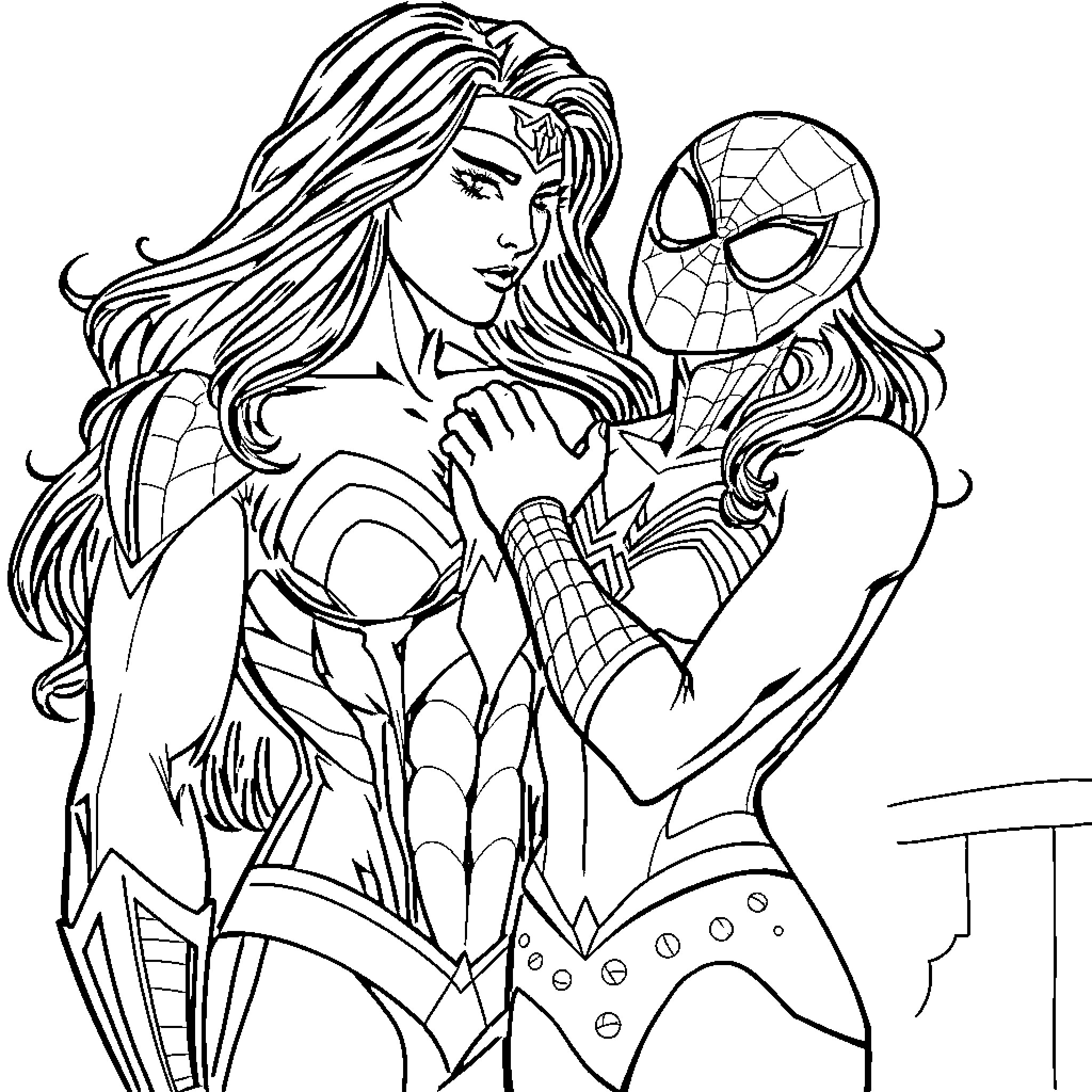 Wonder Woman and Spider-Man in action-packed adventure Coloring Page (free black-and-white line drawing printable PDF for all, from beginners to advanced learners, including children, teens, adults, and seniors)