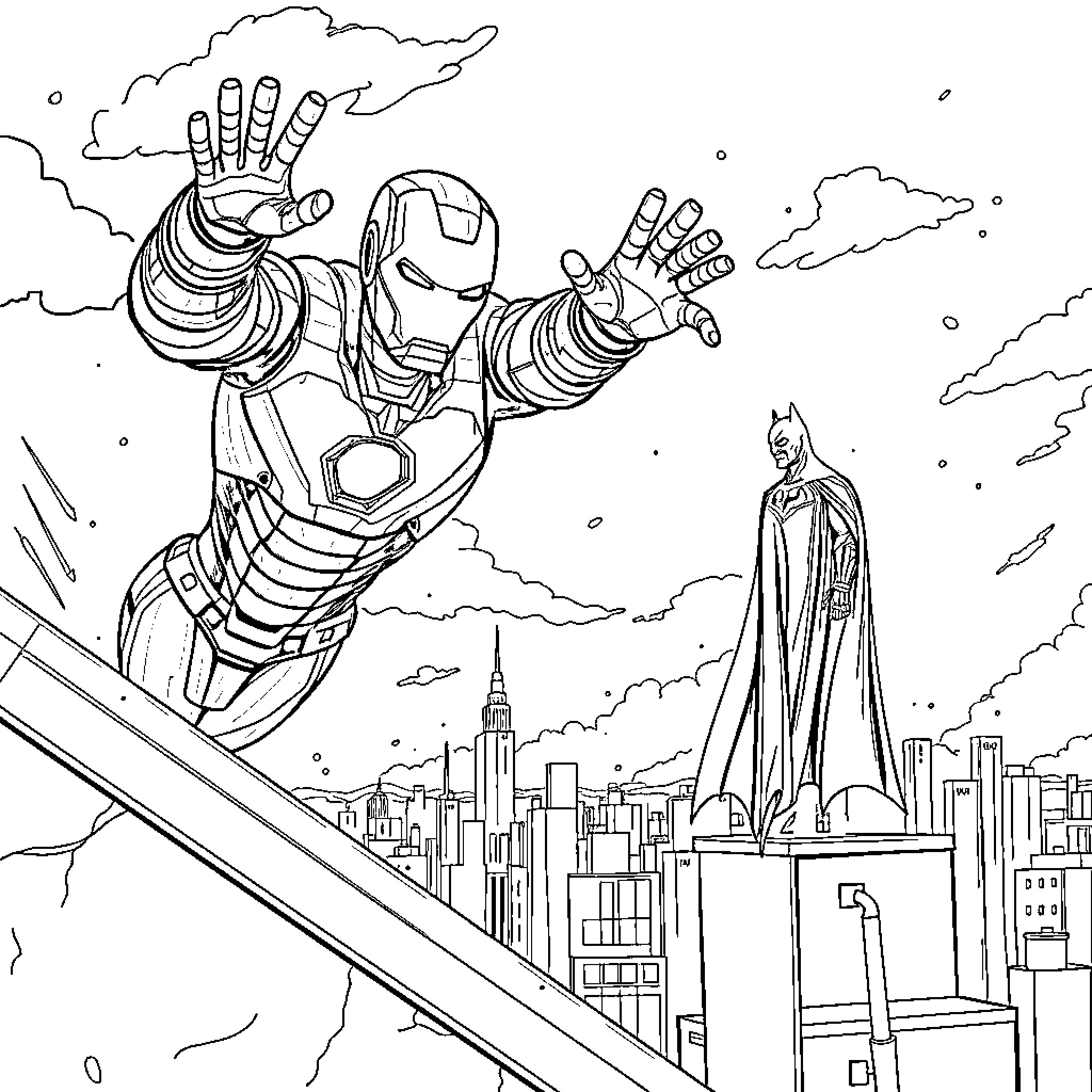 Ironman soaring over the city with Batman Coloring Page (free black-and-white line drawing printable PDF for all, from beginners to advanced learners, including children, teens, adults, and seniors)