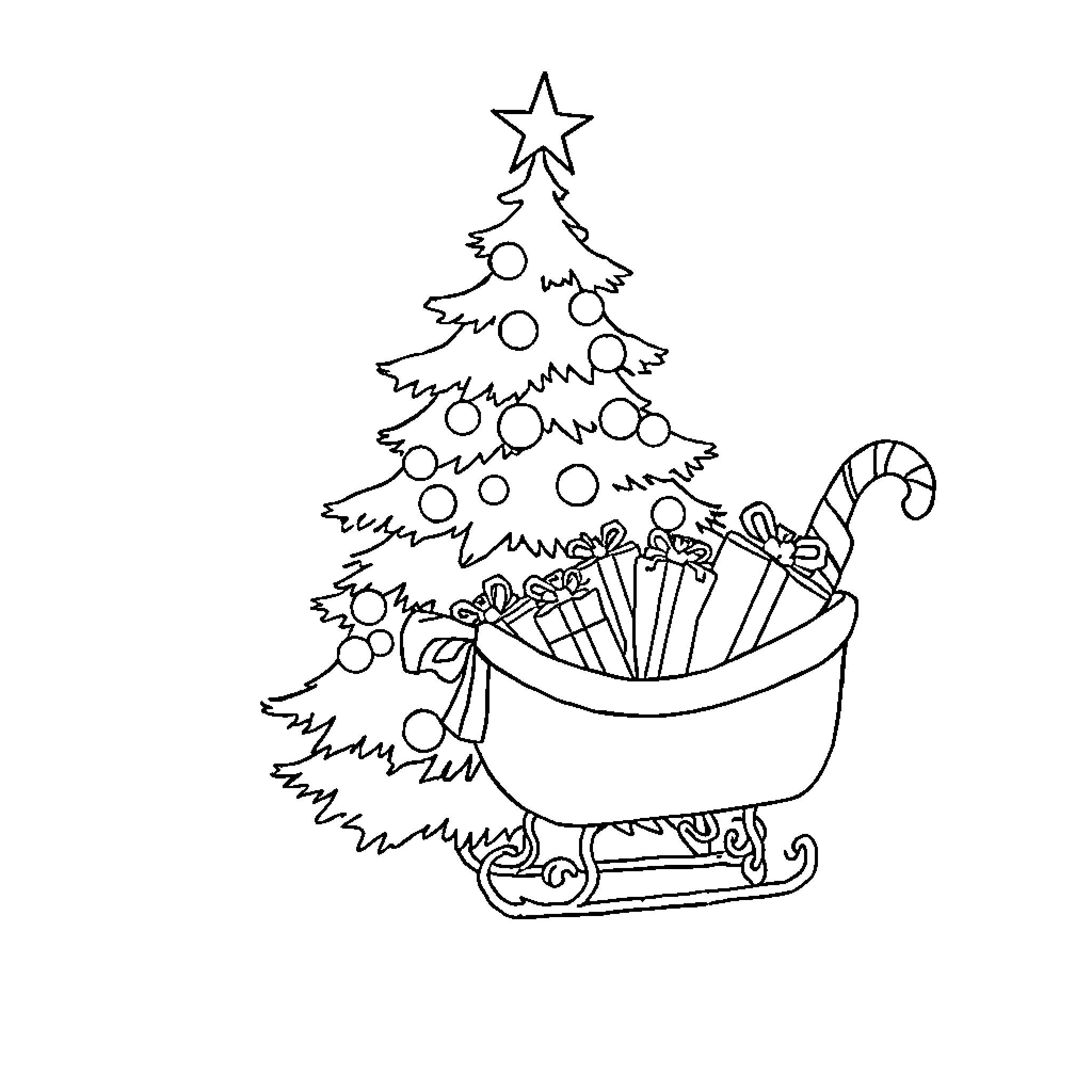 Christmas Tree with Sleigh and Gifts Coloring Page (free black-and-white line drawing printable PDF for all, from beginners to advanced learners, including children, teens, adults, and seniors)