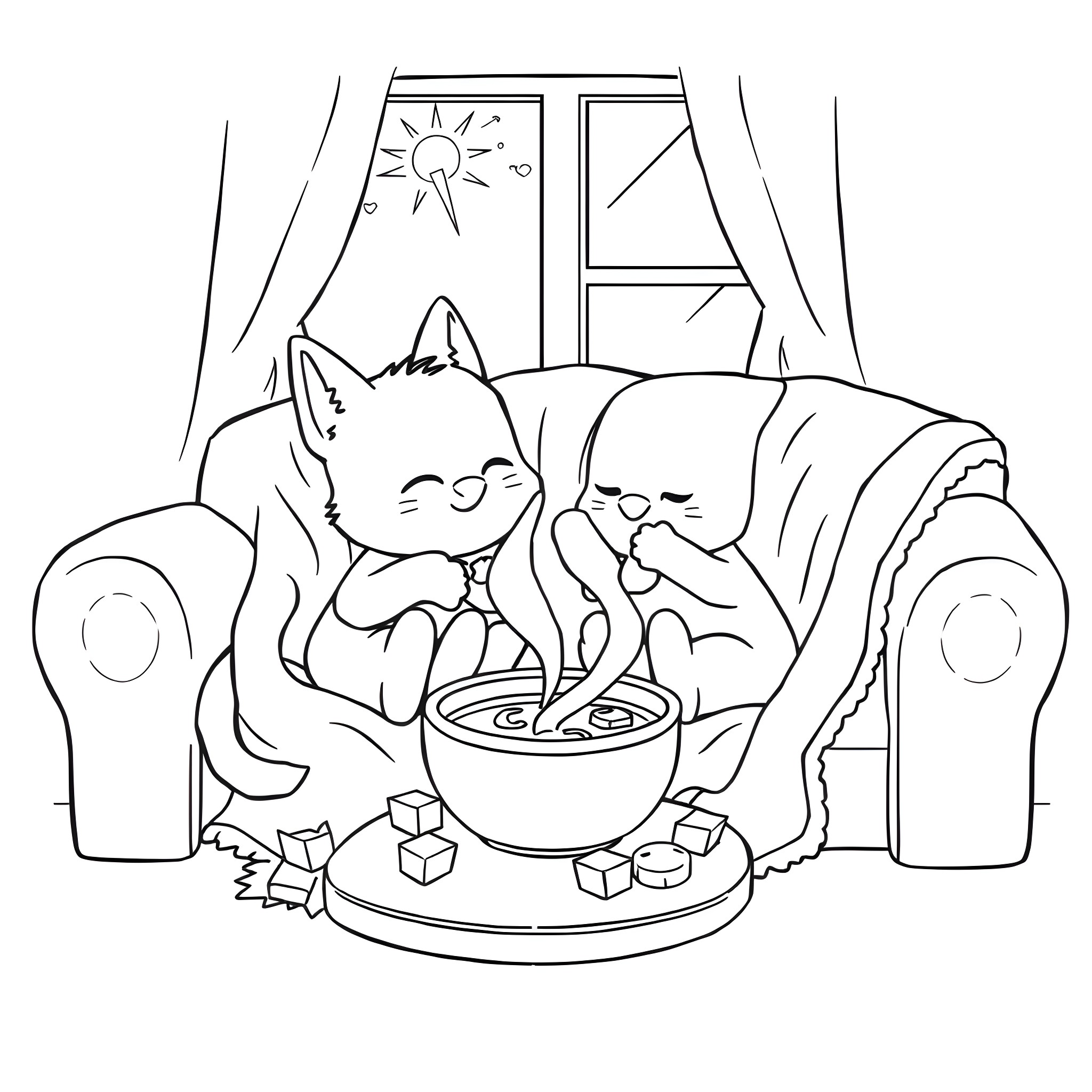 Bluey cats relaxing and enjoying a snack Coloring Page (free black-and-white line drawing printable PDF for all, from beginners to advanced learners, including children, teens, adults, and seniors)