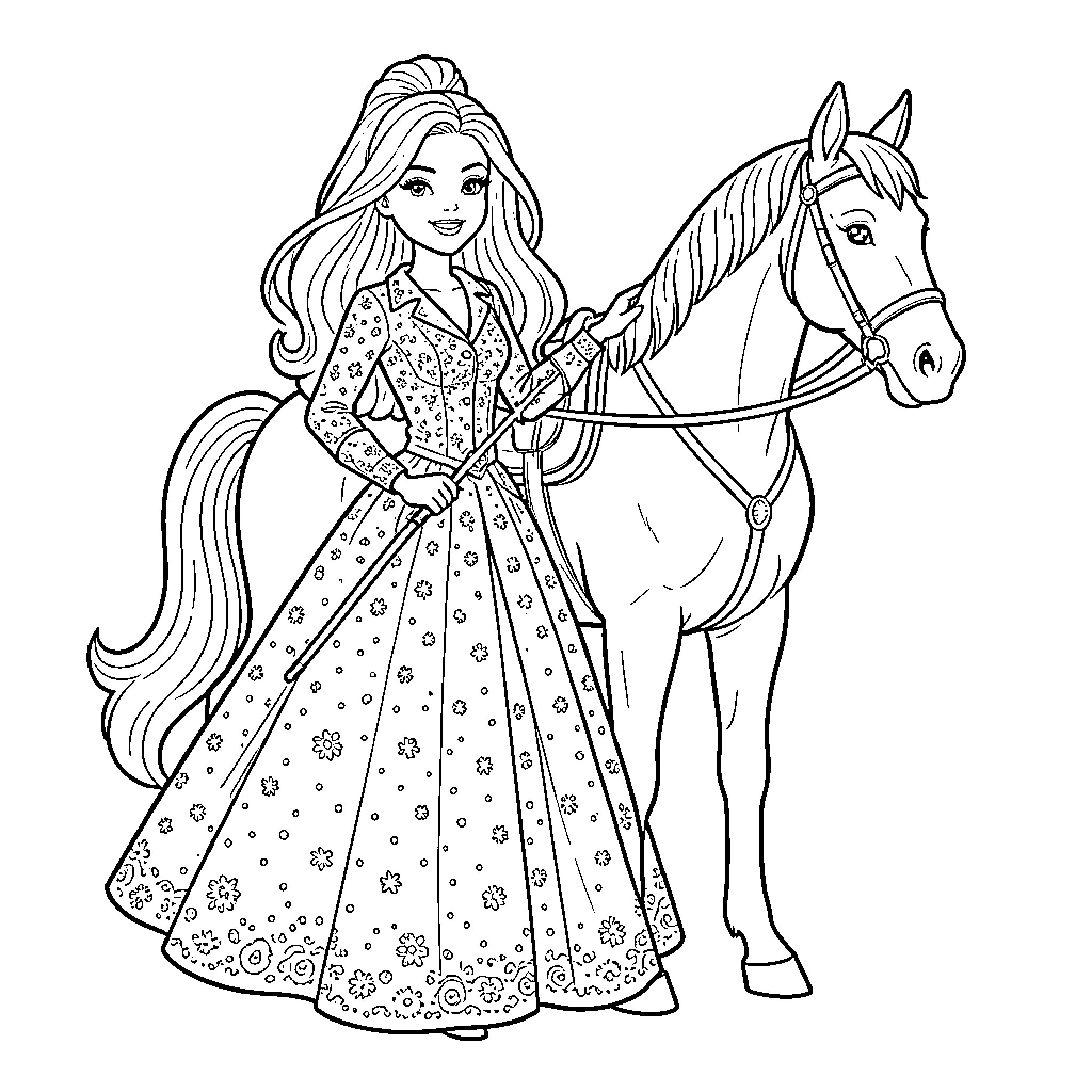 Horse and Rider in Elegant Dress Coloring Page (free black-and-white line drawing printable PDF for all, from beginners to advanced learners, including children, teens, adults, and seniors)
