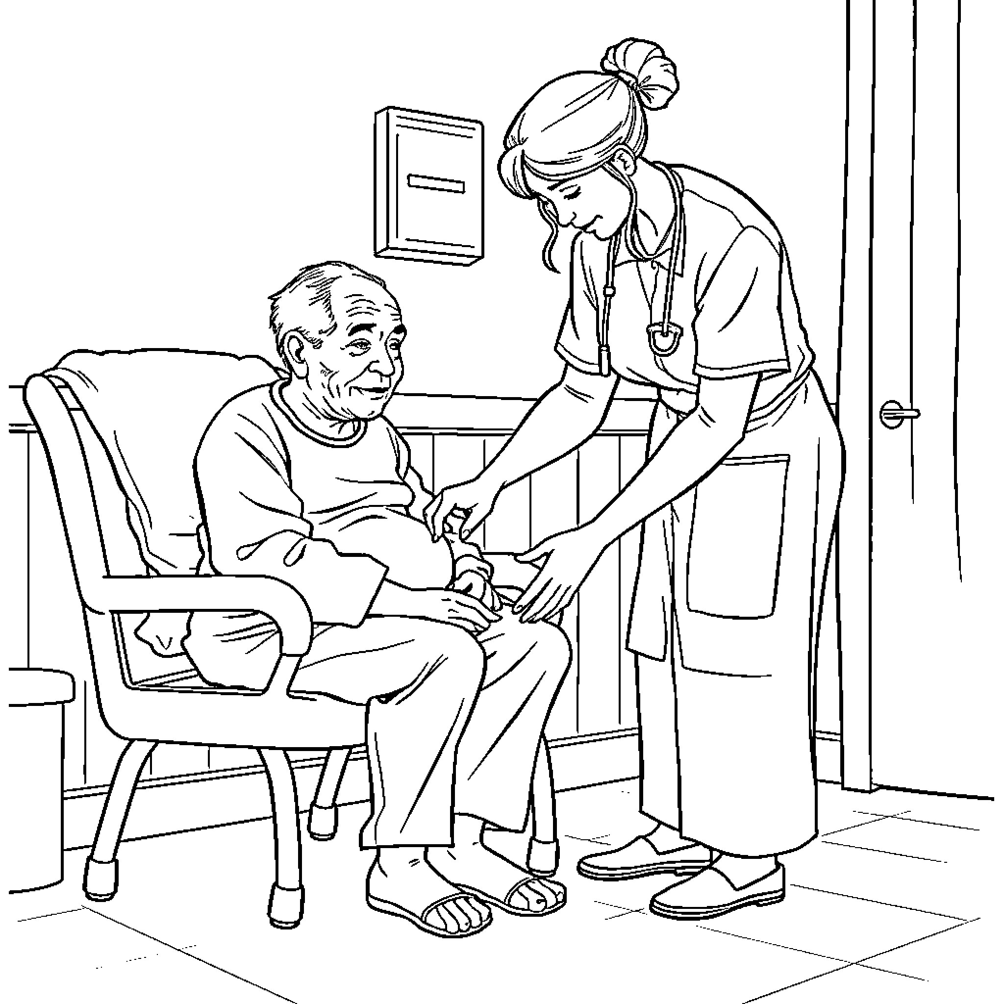 Nurse Caring for Elderly Patient in Hospital Room Coloring Page (free black-and-white line drawing printable PDF for all, from beginners to advanced learners, including children, teens, adults, and seniors)