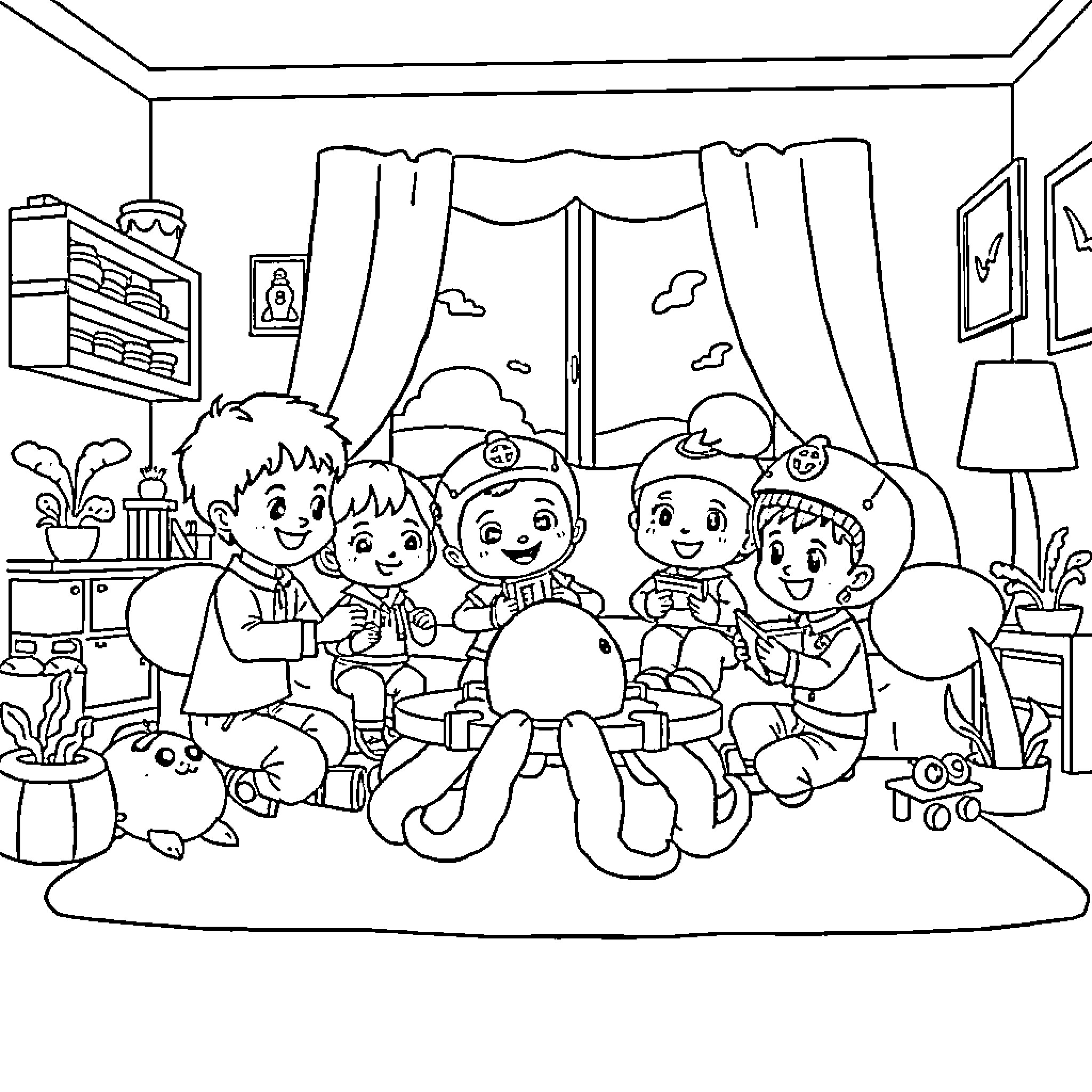 Octonauts playing together in the living room Coloring Page (free black-and-white line drawing printable PDF for all, from beginners to advanced learners, including children, teens, adults, and seniors)