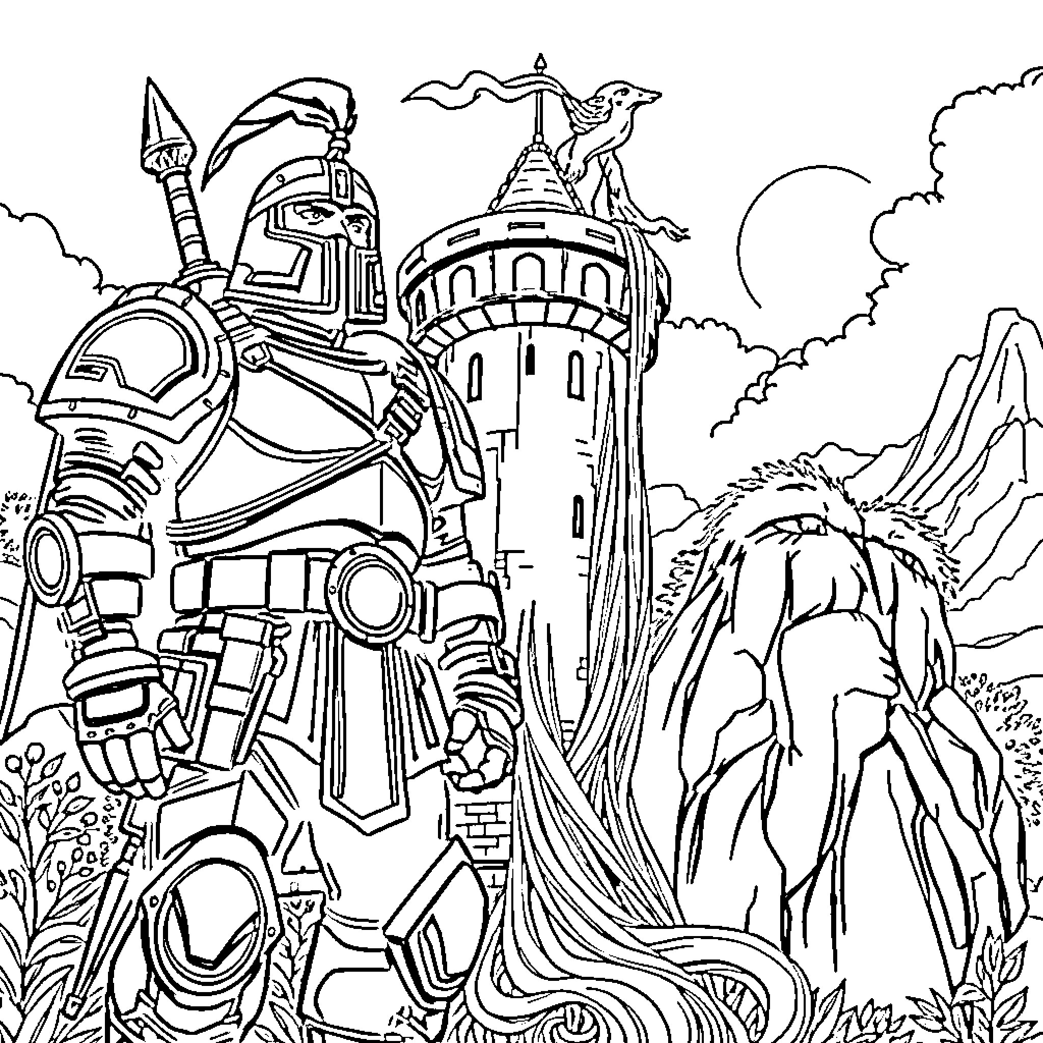 Masterchief exploring a futuristic sci-fi landscape Coloring Page (free black-and-white line drawing printable PDF for all, from beginners to advanced learners, including children, teens, adults, and seniors)