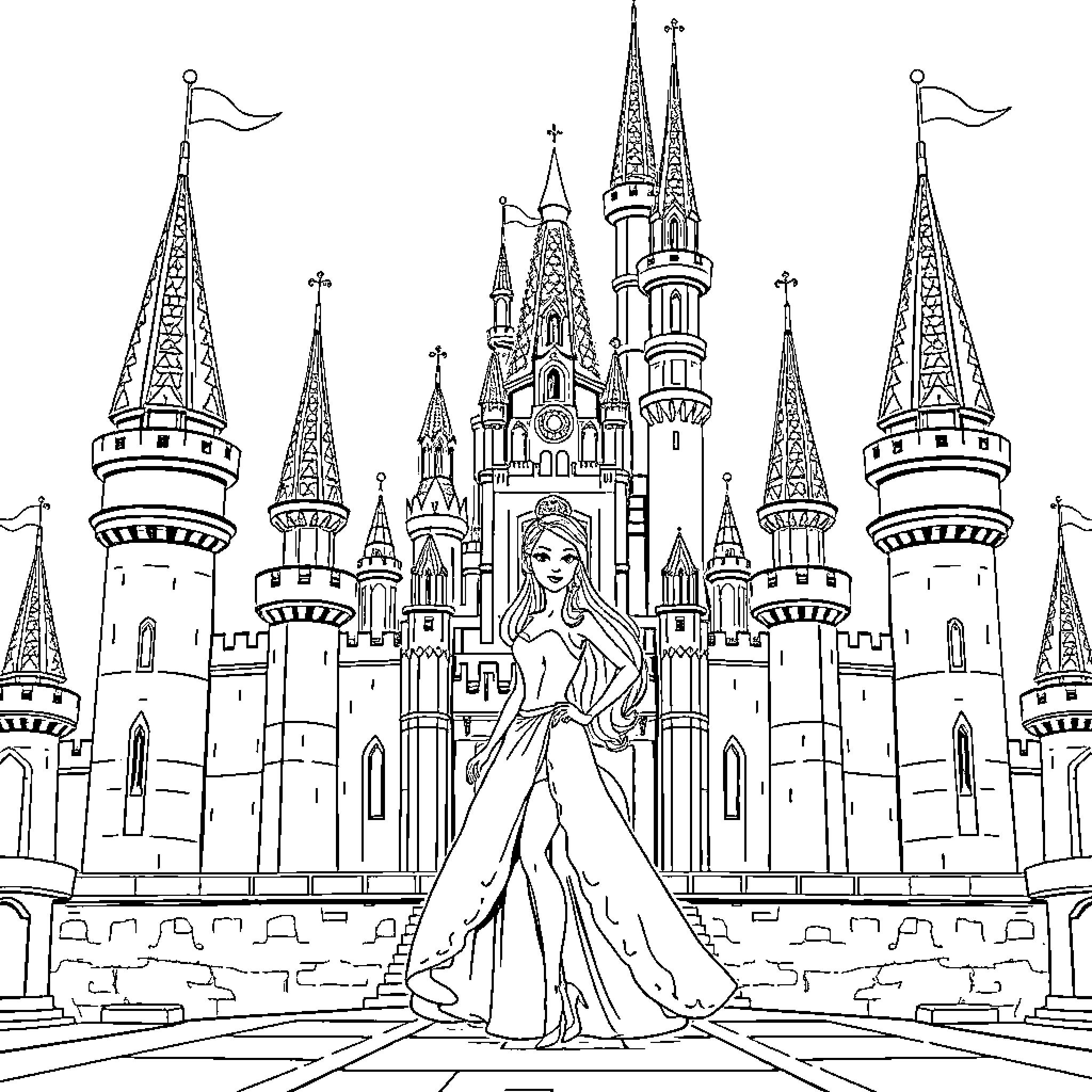 Barbie in a Regal Castle Setting Coloring Page (free black-and-white line drawing printable PDF for all, from beginners to advanced learners, including children, teens, adults, and seniors)
