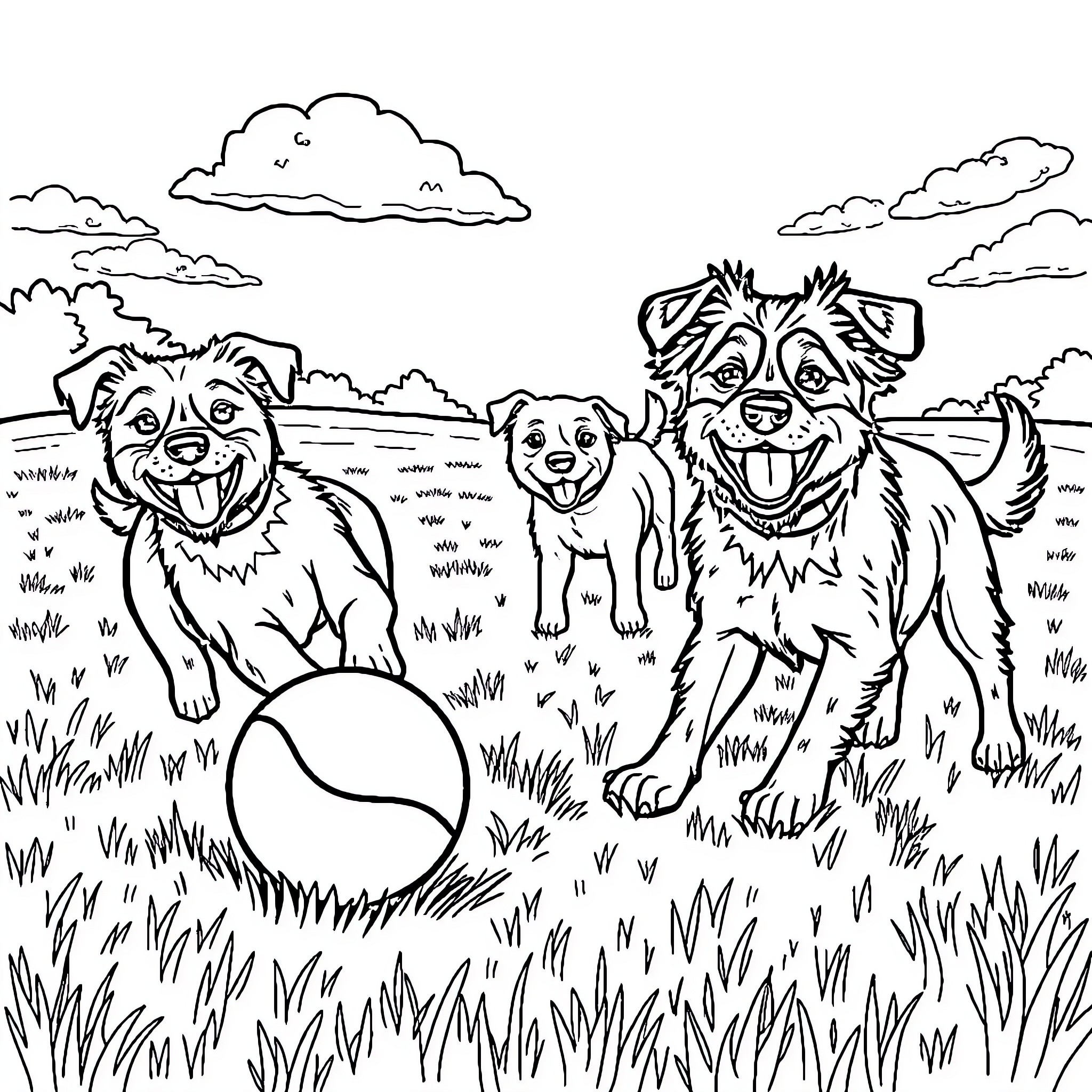 Dog Trio Playing Joyfully in the Meadow Coloring Page (free black-and-white line drawing printable PDF for all, from beginners to advanced learners, including children, teens, adults, and seniors)