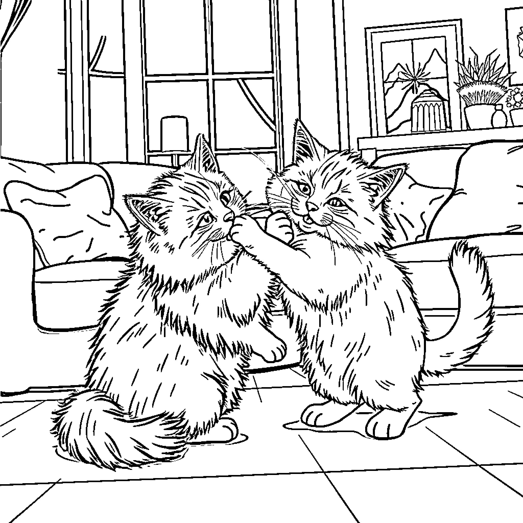 Cats Cuddling Indoors Coloring Page (free black-and-white line drawing printable PDF for all, from beginners to advanced learners, including children, teens, adults, and seniors)