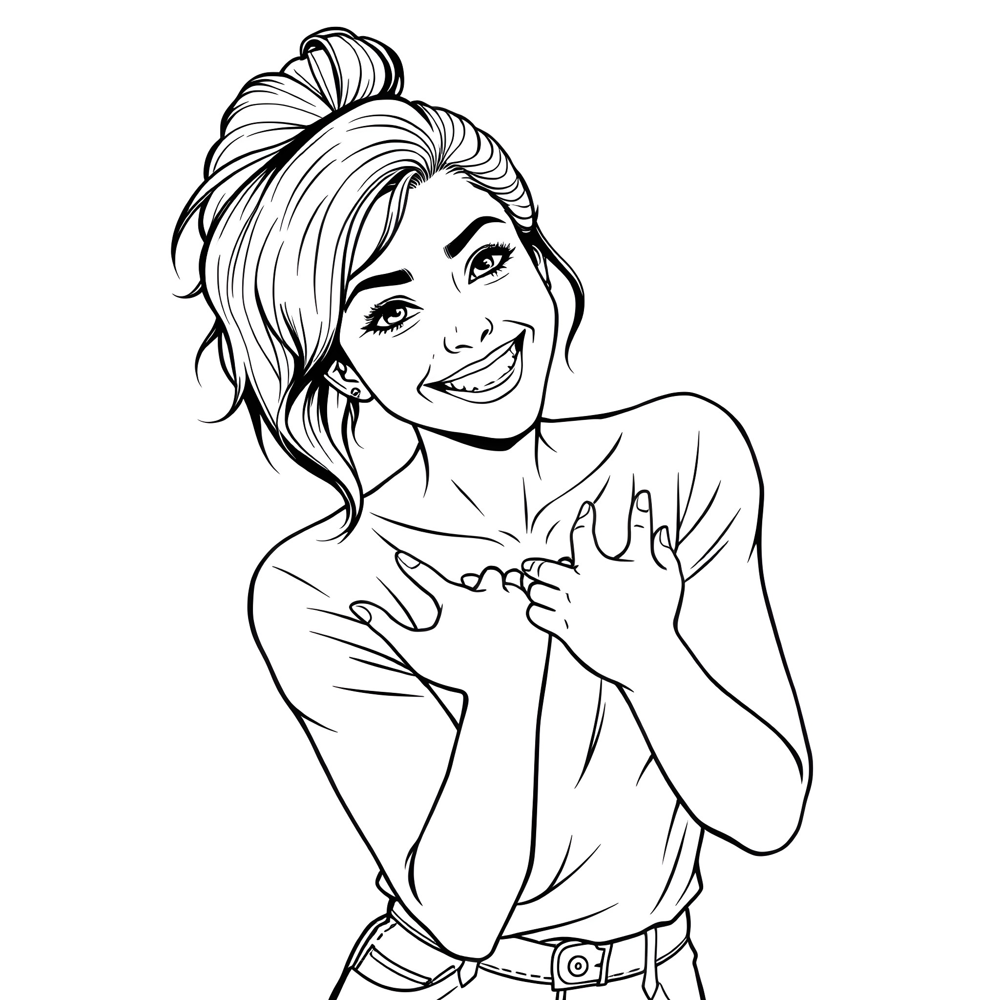 Woman with a cheerful expression and stylish hairstyle Coloring Page (free black-and-white line drawing printable PDF for all, from beginners to advanced learners, including children, teens, adults, and seniors)