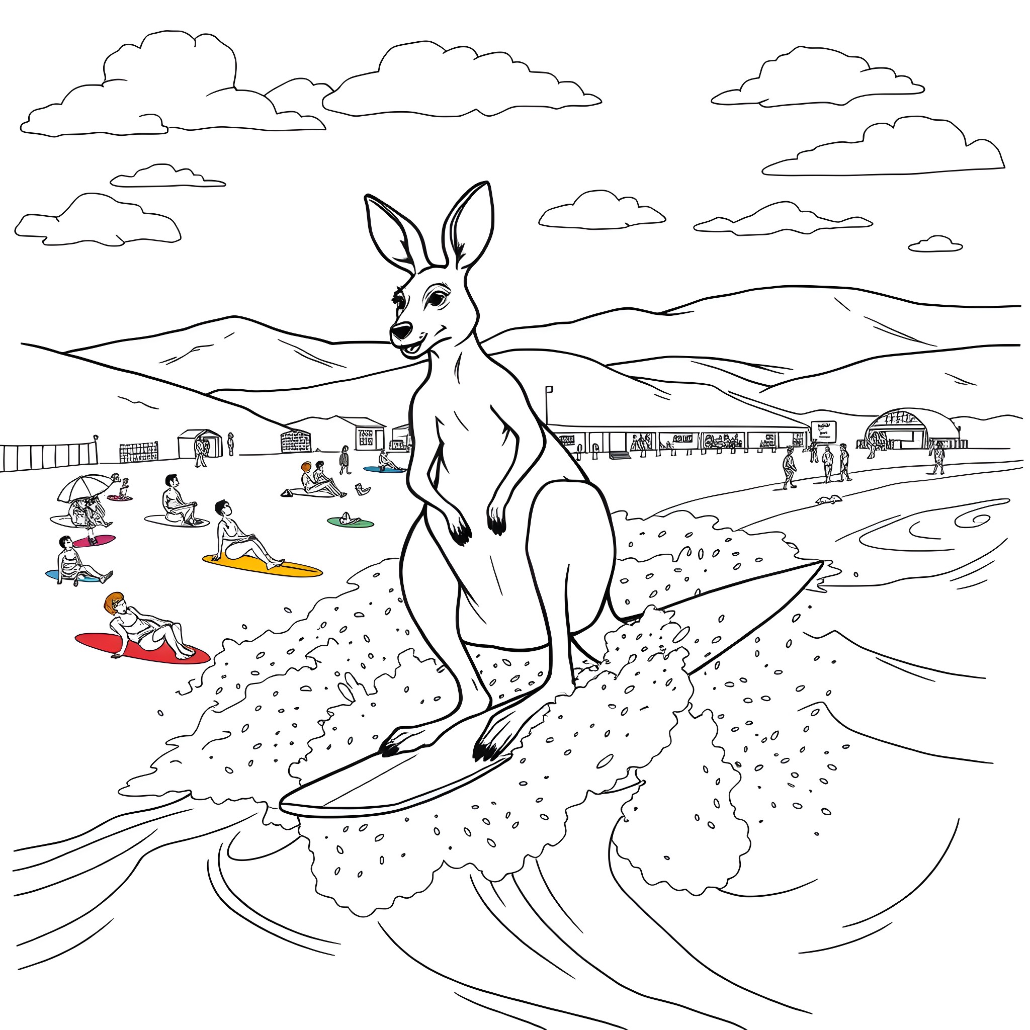 Kangaroo Surfing at the Beach Coloring Page (free black-and-white line drawing printable PDF for all, from beginners to advanced learners, including children, teens, adults, and seniors)