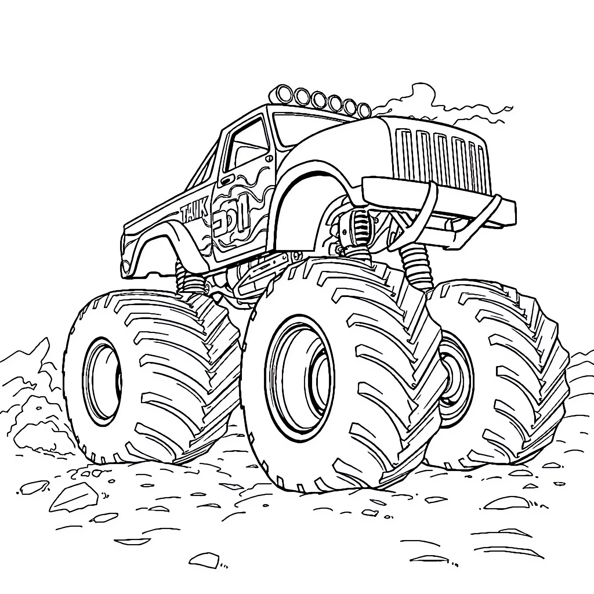 Monster Truck Crushing Obstacles on the Track Coloring Page (free black-and-white line drawing printable PDF for all, from beginners to advanced learners, including children, teens, adults, and seniors)