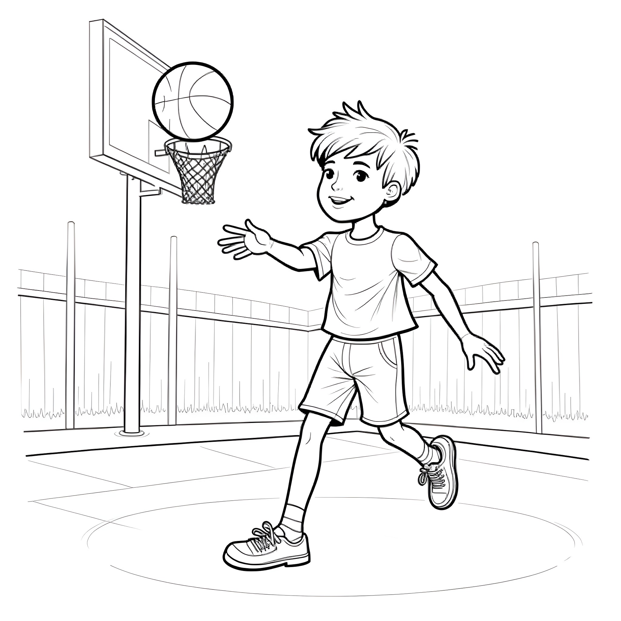 Billy the Kid Enjoying a Basketball Game Coloring Page (free black-and-white line drawing printable PDF for all, from beginners to advanced learners, including children, teens, adults, and seniors)