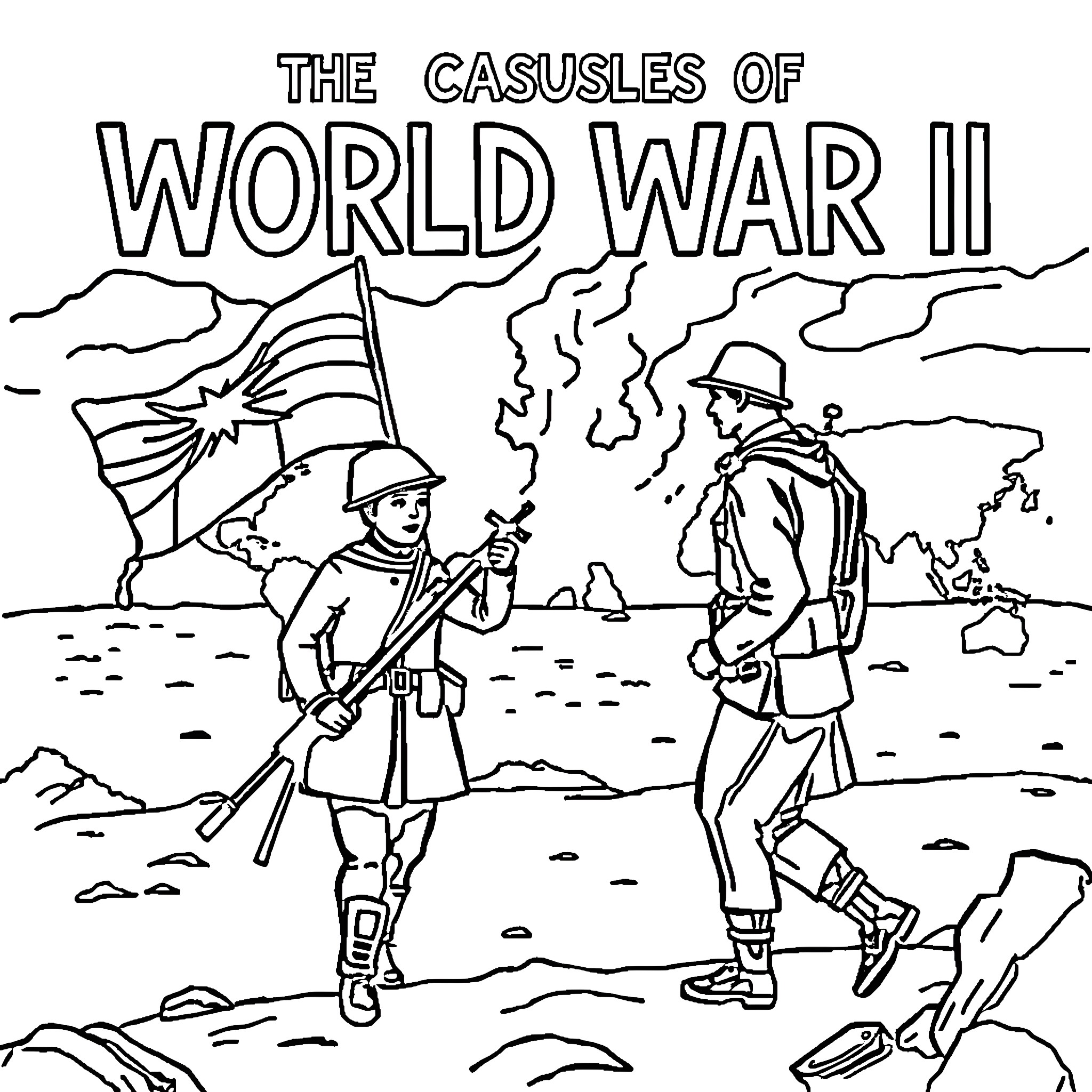 Cause of battle during World War II Coloring Page (free black-and-white line drawing printable PDF for all, from beginners to advanced learners, including children, teens, adults, and seniors)