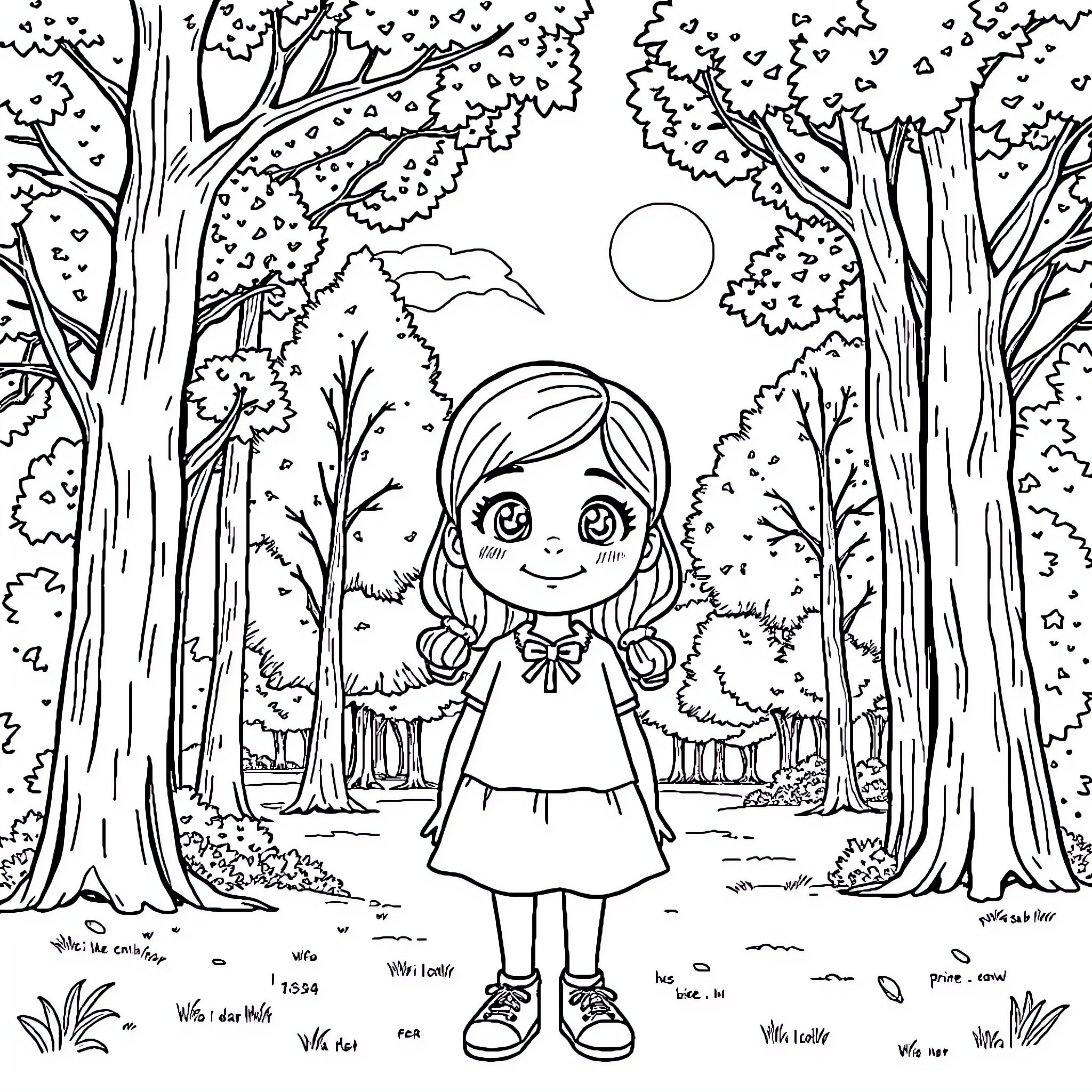 Elza explores the enchanting forest Coloring Page (free black-and-white line drawing printable PDF for all, from beginners to advanced learners, including children, teens, adults, and seniors)