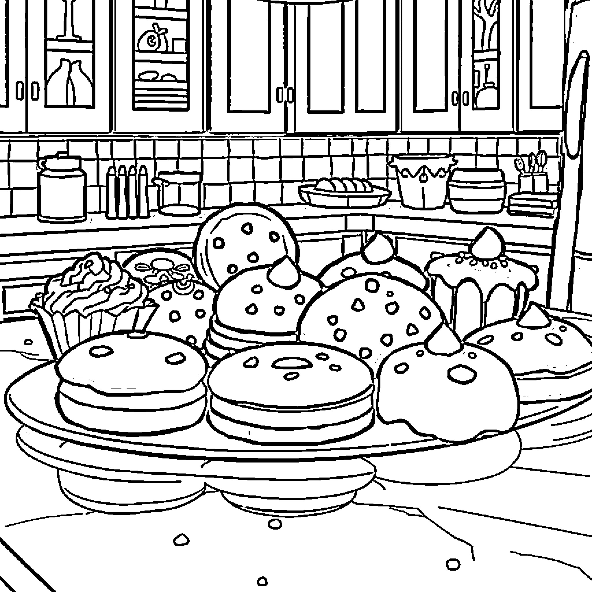 Cookie Baking Fun in the Kitchen Coloring Page (free black-and-white line drawing printable PDF for all, from beginners to advanced learners, including children, teens, adults, and seniors)