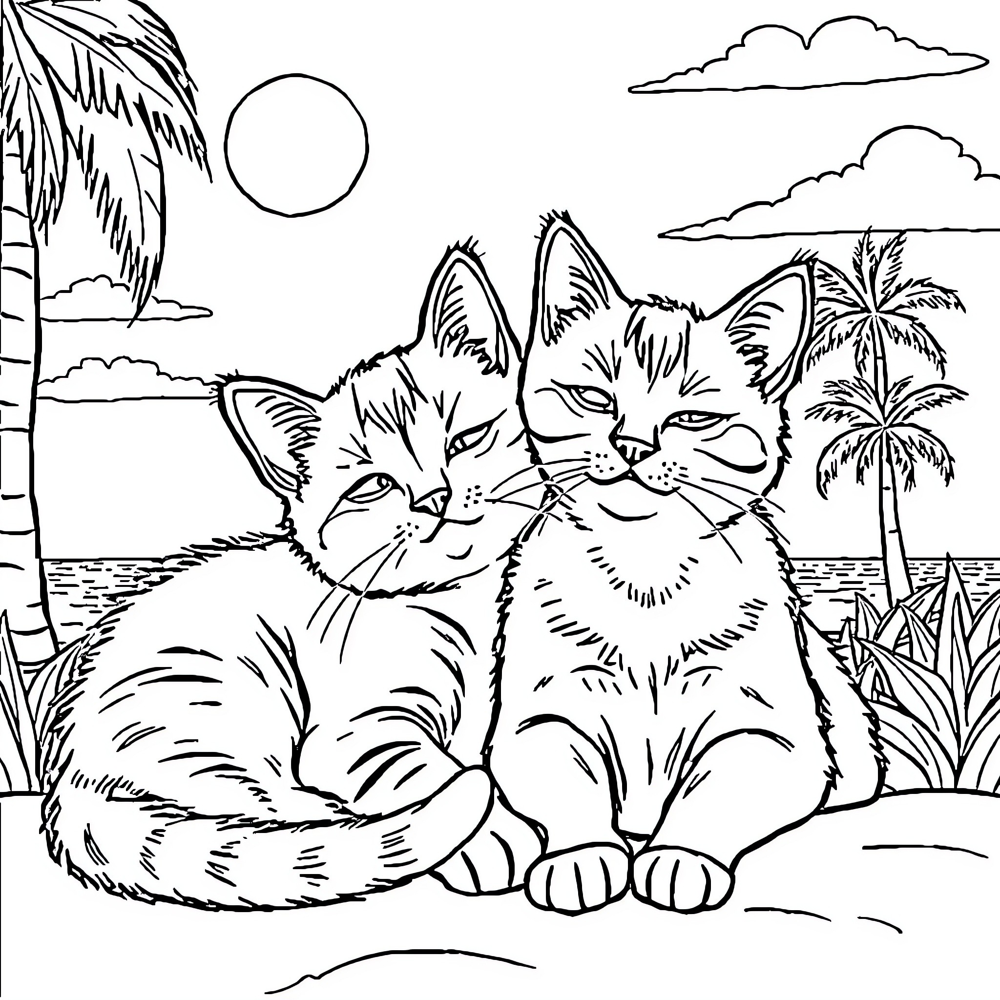 Cats relaxing on the beach Coloring Page (free black-and-white line drawing printable PDF for all, from beginners to advanced learners, including children, teens, adults, and seniors)