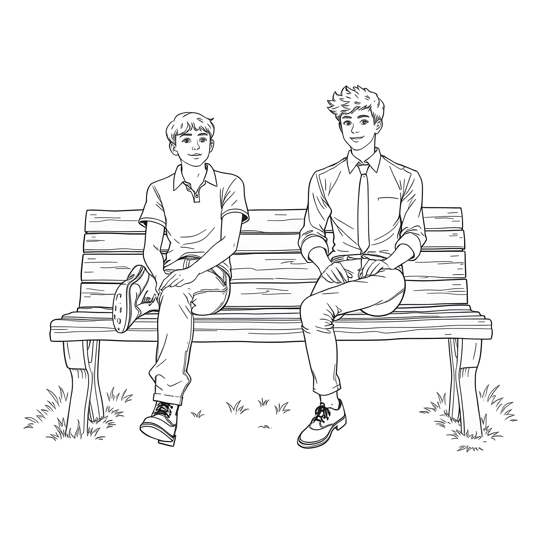 Teen boys casually chatting on a park bench Coloring Page (free black-and-white line drawing printable PDF for all, from beginners to advanced learners, including children, teens, adults, and seniors)