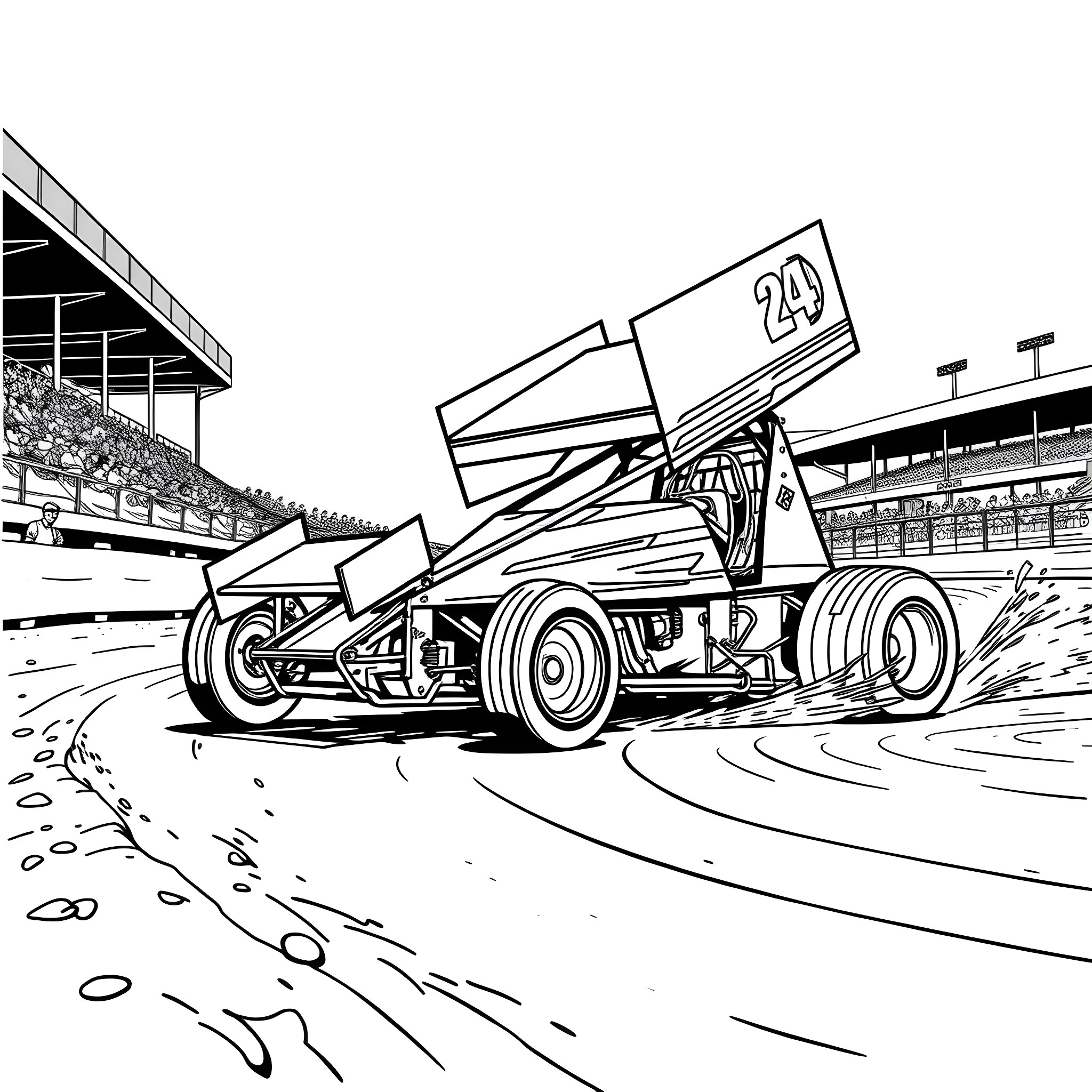 Sprint Car Racing on the Track Coloring Page (free black-and-white line drawing printable PDF for all, from beginners to advanced learners, including children, teens, adults, and seniors)