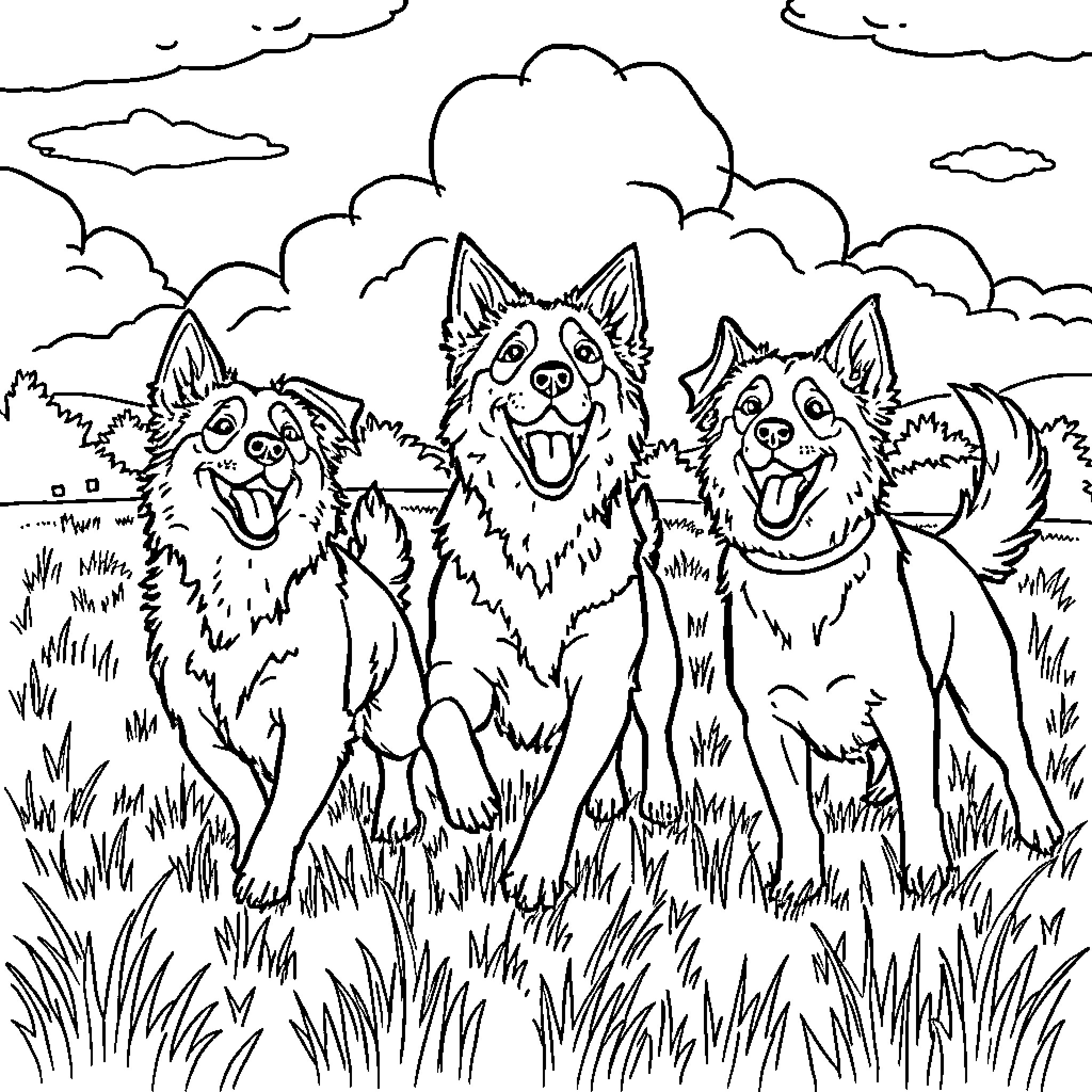 Dog trio enjoying the outdoors on a sunny day Coloring Page (free black-and-white line drawing printable PDF for all, from beginners to advanced learners, including children, teens, adults, and seniors)