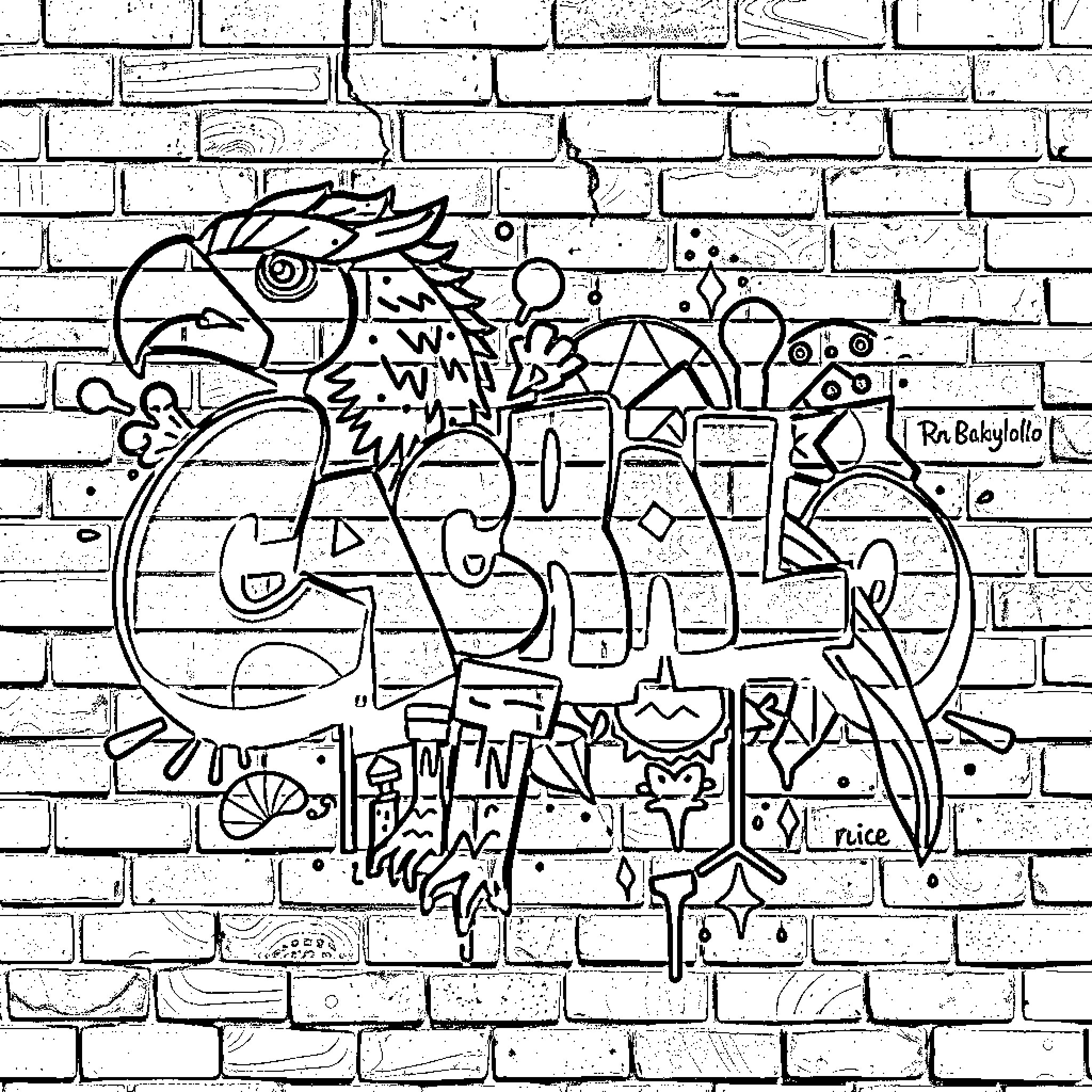 Cachalolo: Playful graffiti art on brick wall Coloring Page (free black-and-white line drawing printable PDF for all, from beginners to advanced learners, including children, teens, adults, and seniors)