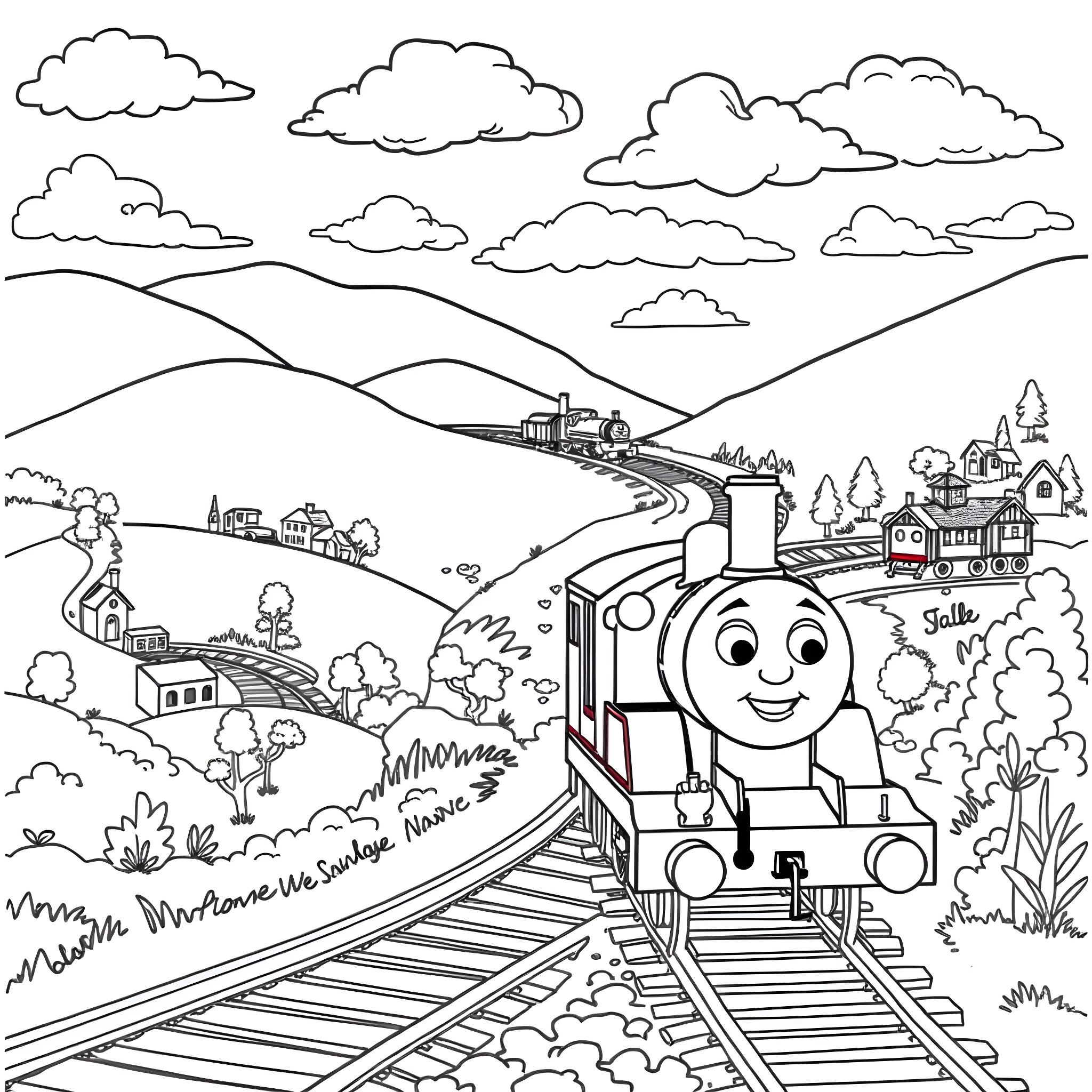 Thomas' Joyful Journey through the Countryside Coloring Page (free black-and-white line drawing printable PDF for all, from beginners to advanced learners, including children, teens, adults, and seniors)