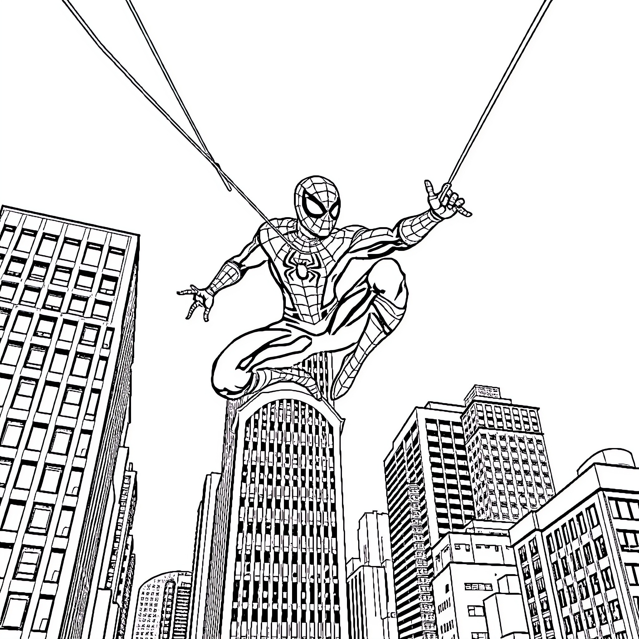 Spiderman swinging through the city streets Coloring Page (free black-and-white line drawing printable PDF for all, from beginners to advanced learners, including children, teens, adults, and seniors)