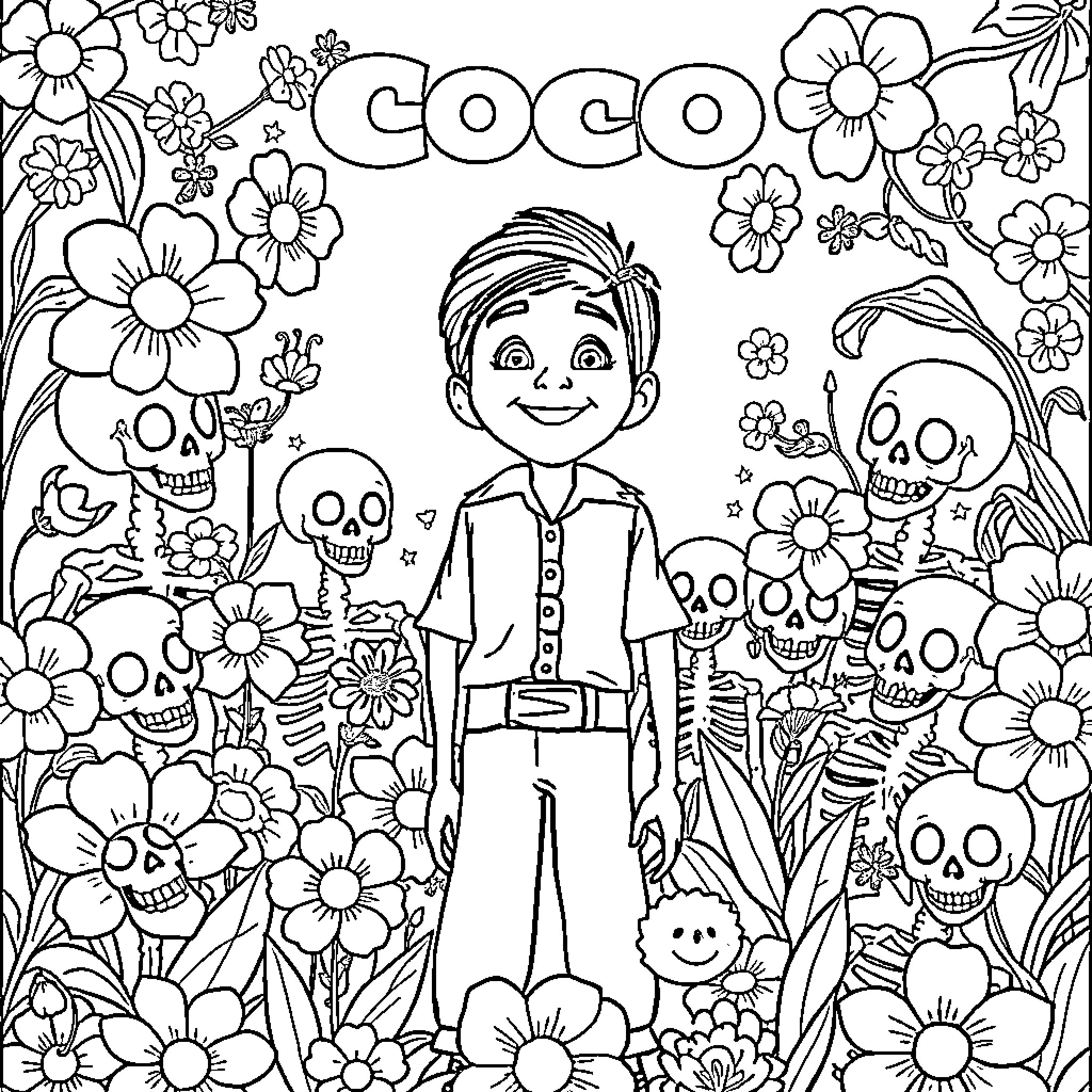 Coco exploring a colorful floral world Coloring Page (free black-and-white line drawing printable PDF for all, from beginners to advanced learners, including children, teens, adults, and seniors)