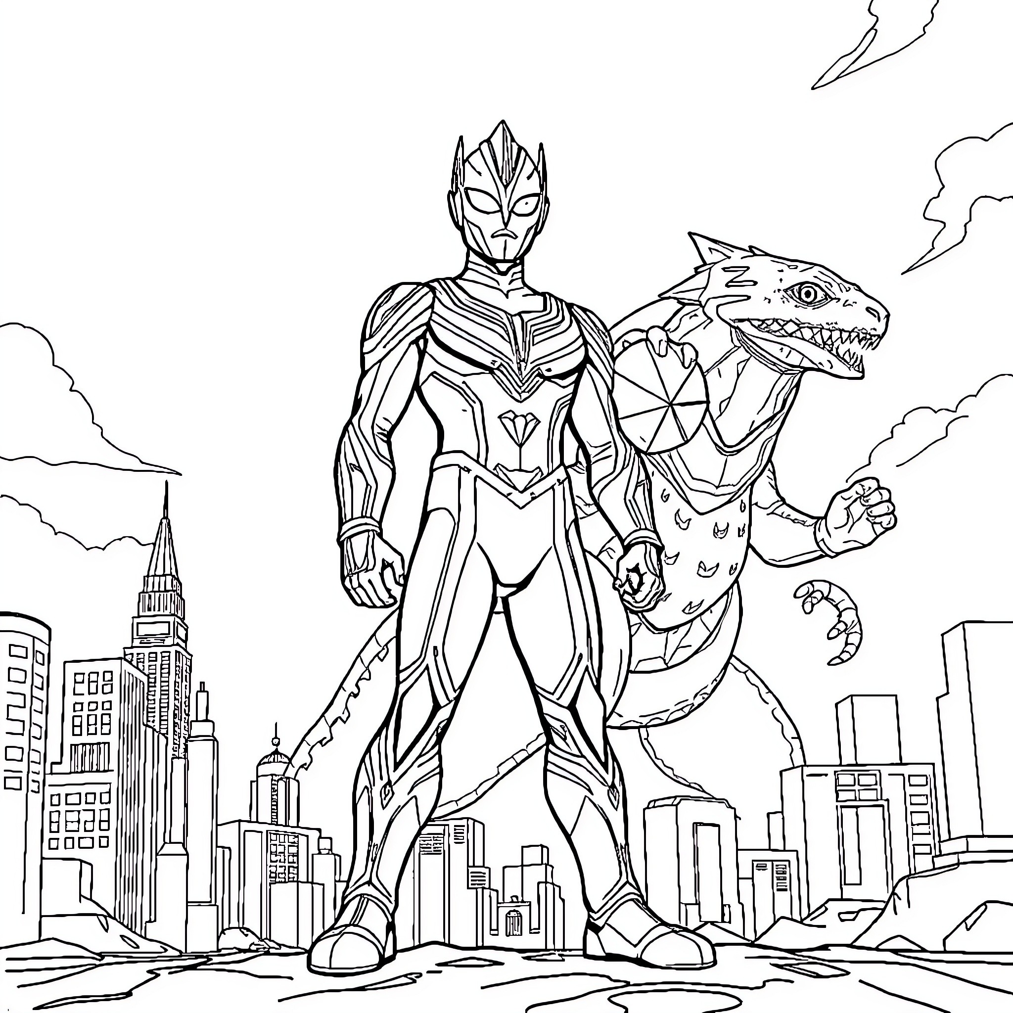Ultraman and Kaiju Defending City Skyline Coloring Page (free black-and-white line drawing printable PDF for all, from beginners to advanced learners, including children, teens, adults, and seniors)