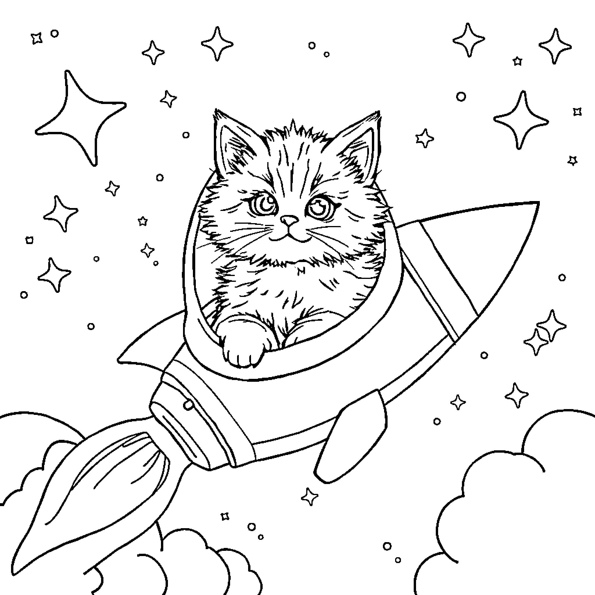 Cat in a Rocket Ship Surrounded by Stars Coloring Page (free black-and-white line drawing printable PDF for all, from beginners to advanced learners, including children, teens, adults, and seniors)