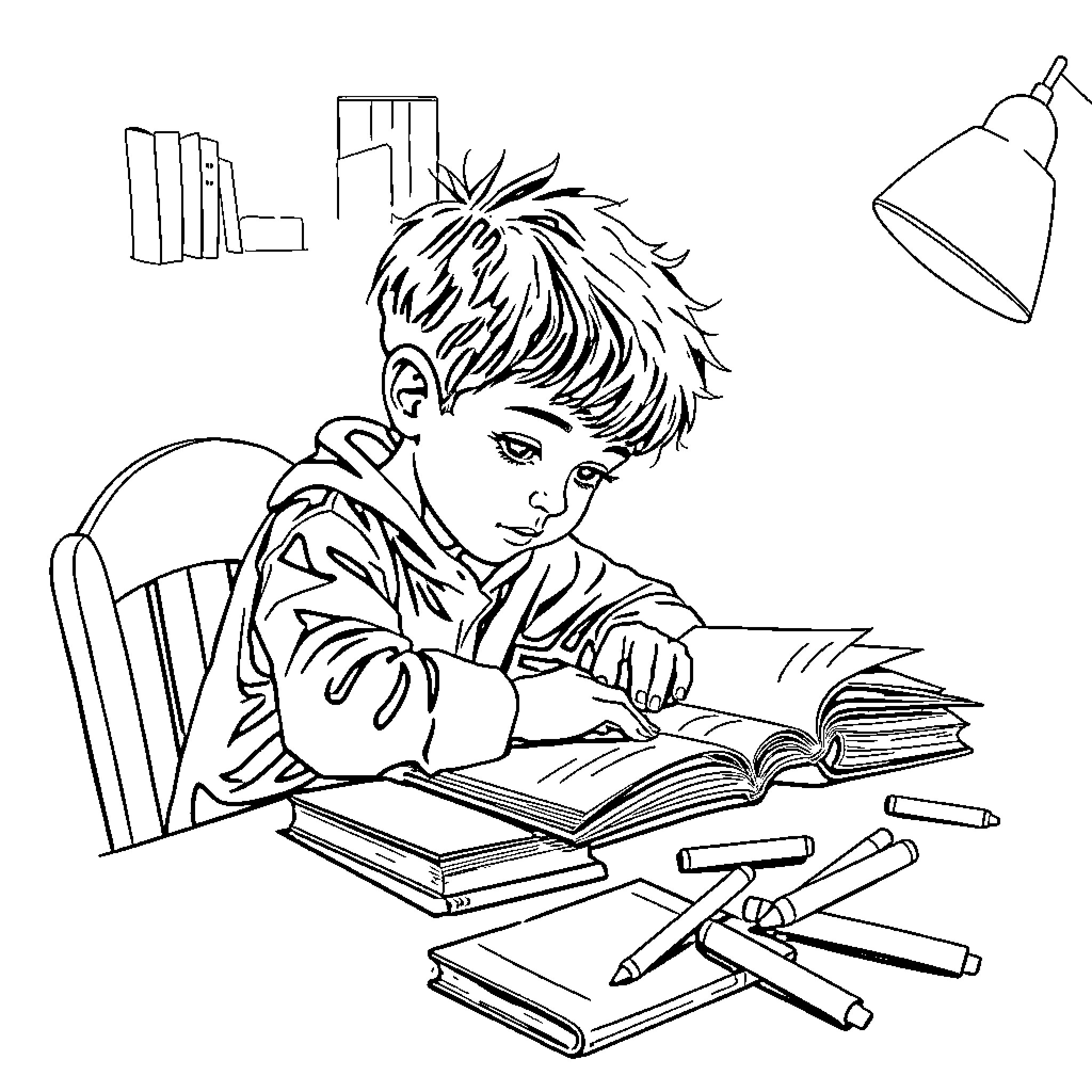 Child studying diligently with books and supplies Coloring Page (free black-and-white line drawing printable PDF for all, from beginners to advanced learners, including children, teens, adults, and seniors)