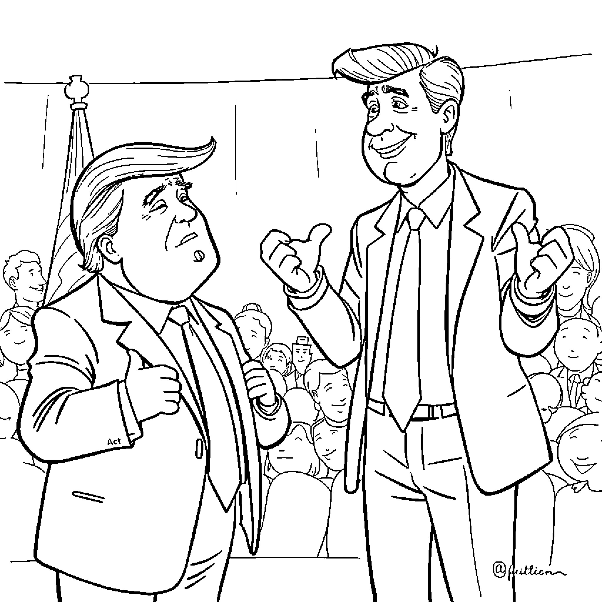 Trump's Heated Debate with Political Rival Coloring Page (free black-and-white line drawing printable PDF for all, from beginners to advanced learners, including children, teens, adults, and seniors)