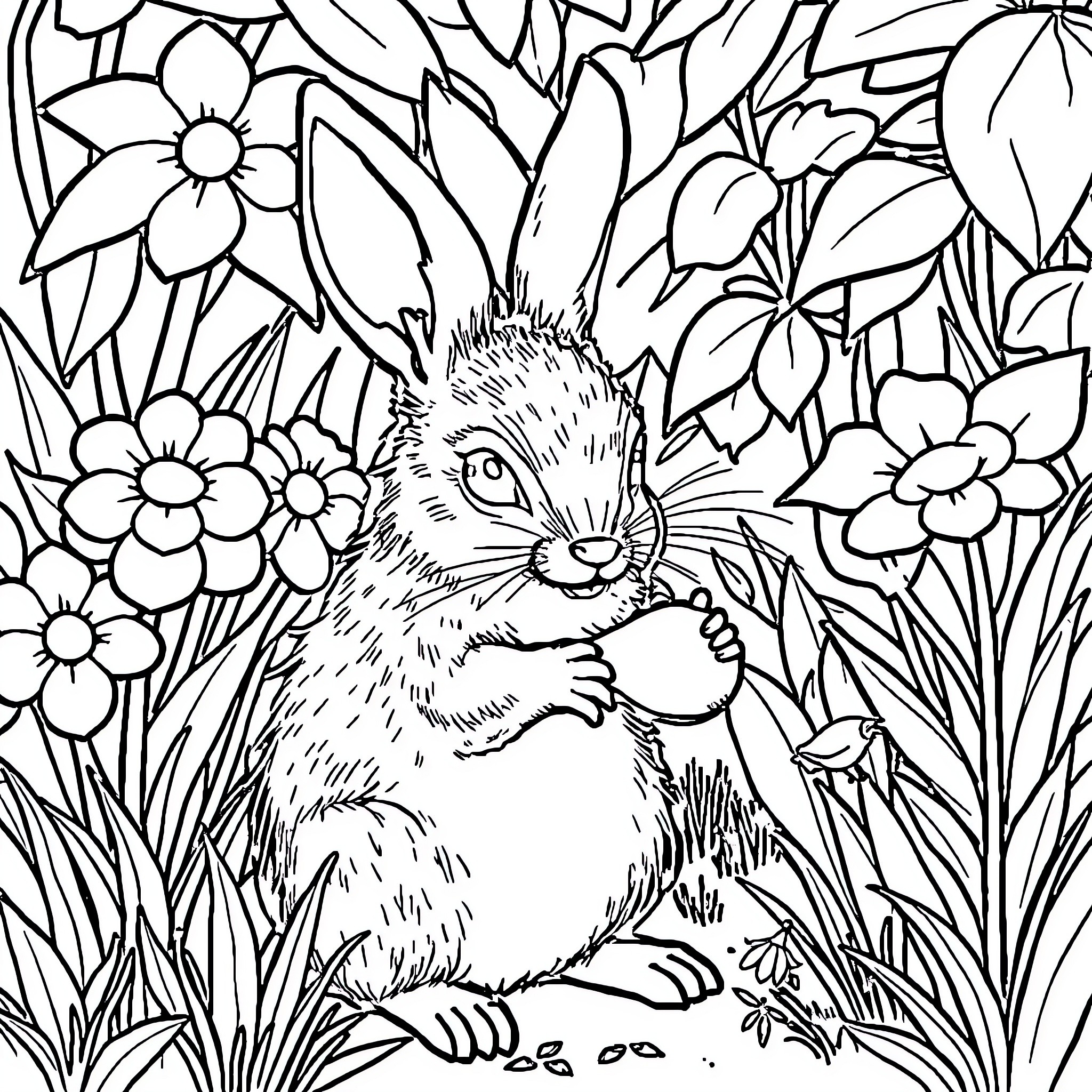 Conejo in a floral garden Coloring Page (free black-and-white line drawing printable PDF for all, from beginners to advanced learners, including children, teens, adults, and seniors)