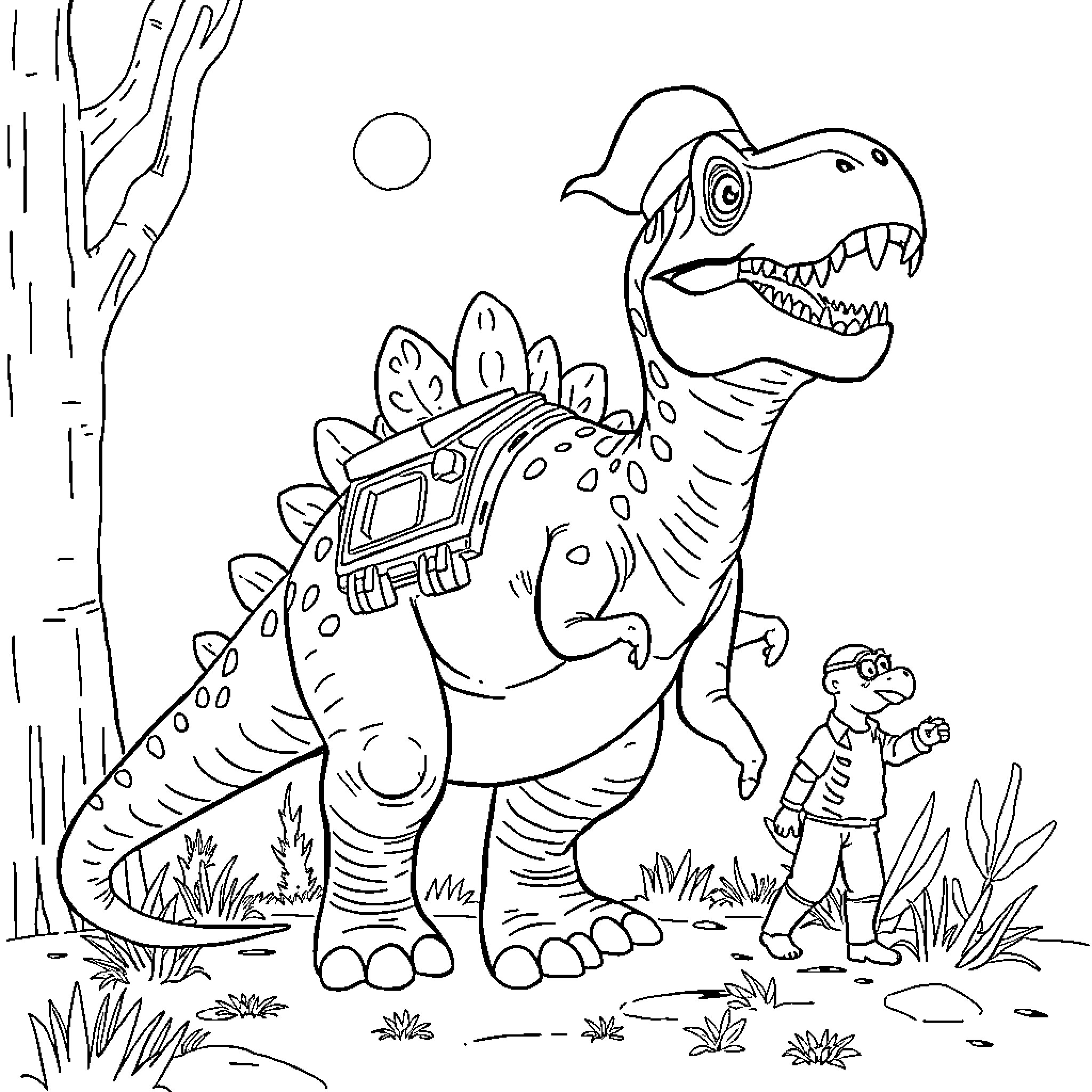Gigantesosaurus playing with human in the wilderness Coloring Page (free black-and-white line drawing printable PDF for all, from beginners to advanced learners, including children, teens, adults, and seniors)