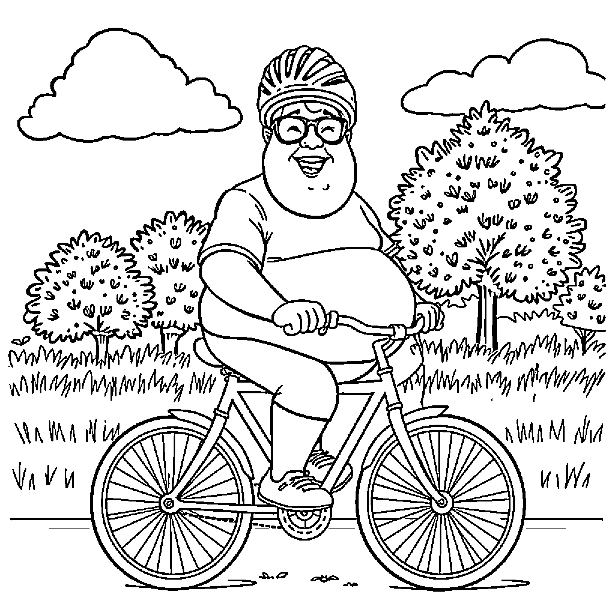 Bike ride through a scenic outdoor landscape Coloring Page (free black-and-white line drawing printable PDF for all, from beginners to advanced learners, including children, teens, adults, and seniors)