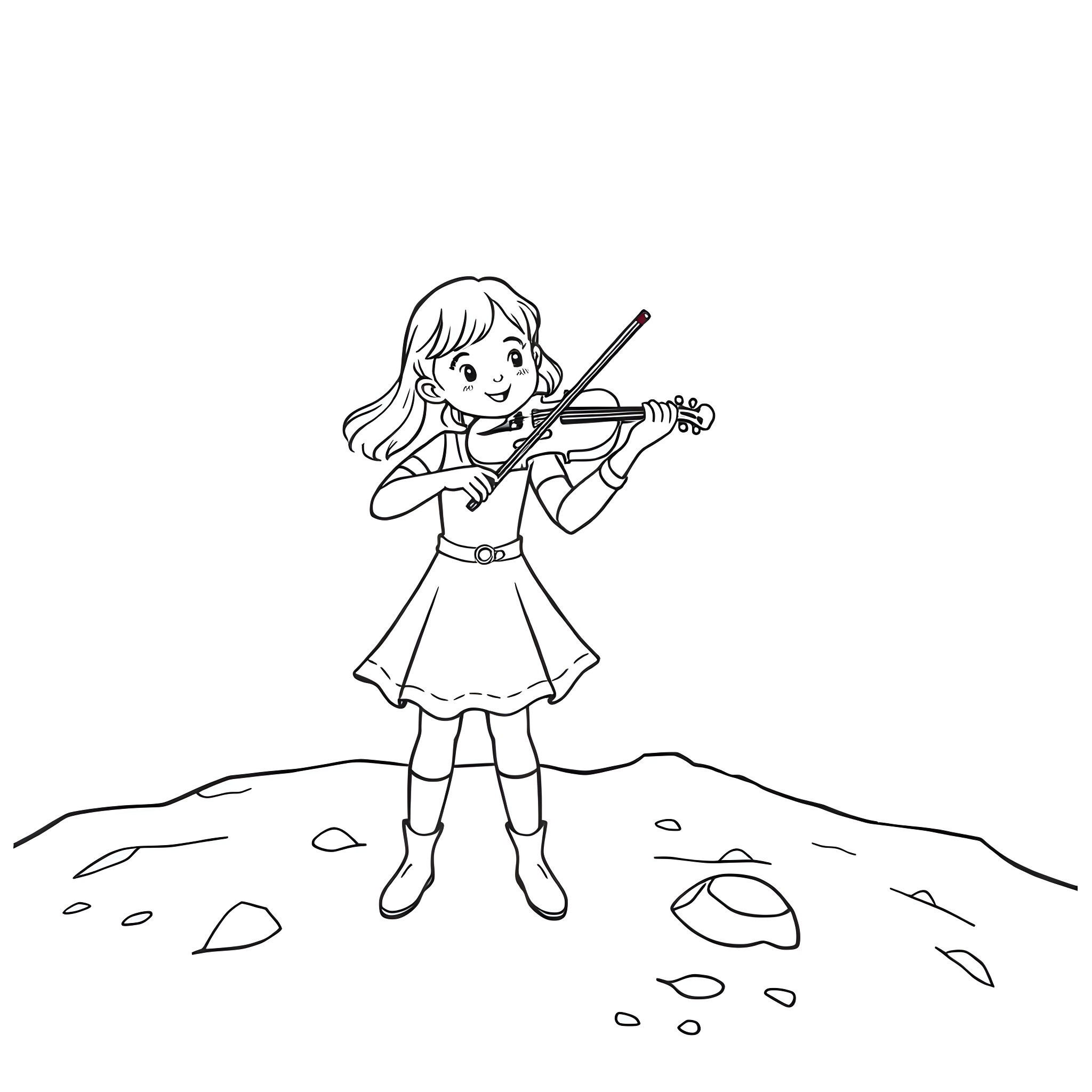 Emma playing the violin in the field Coloring Page (free black-and-white line drawing printable PDF for all, from beginners to advanced learners, including children, teens, adults, and seniors)