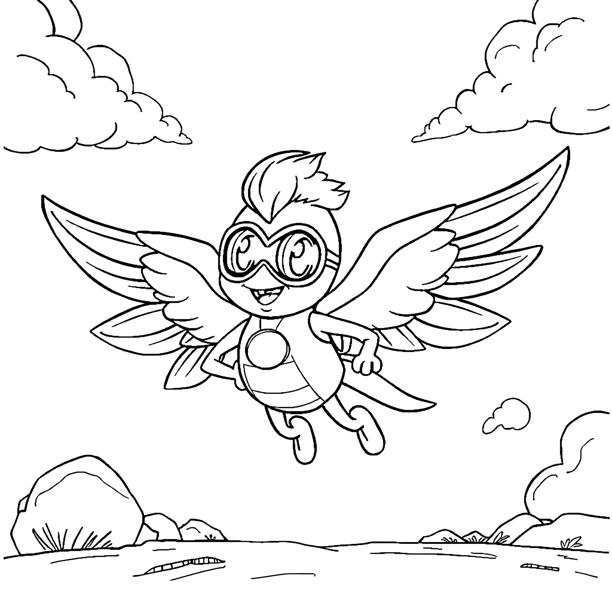 Tino the playful bird soaring through the sky Coloring Page (free black-and-white line drawing printable PDF for all, from beginners to advanced learners, including children, teens, adults, and seniors)