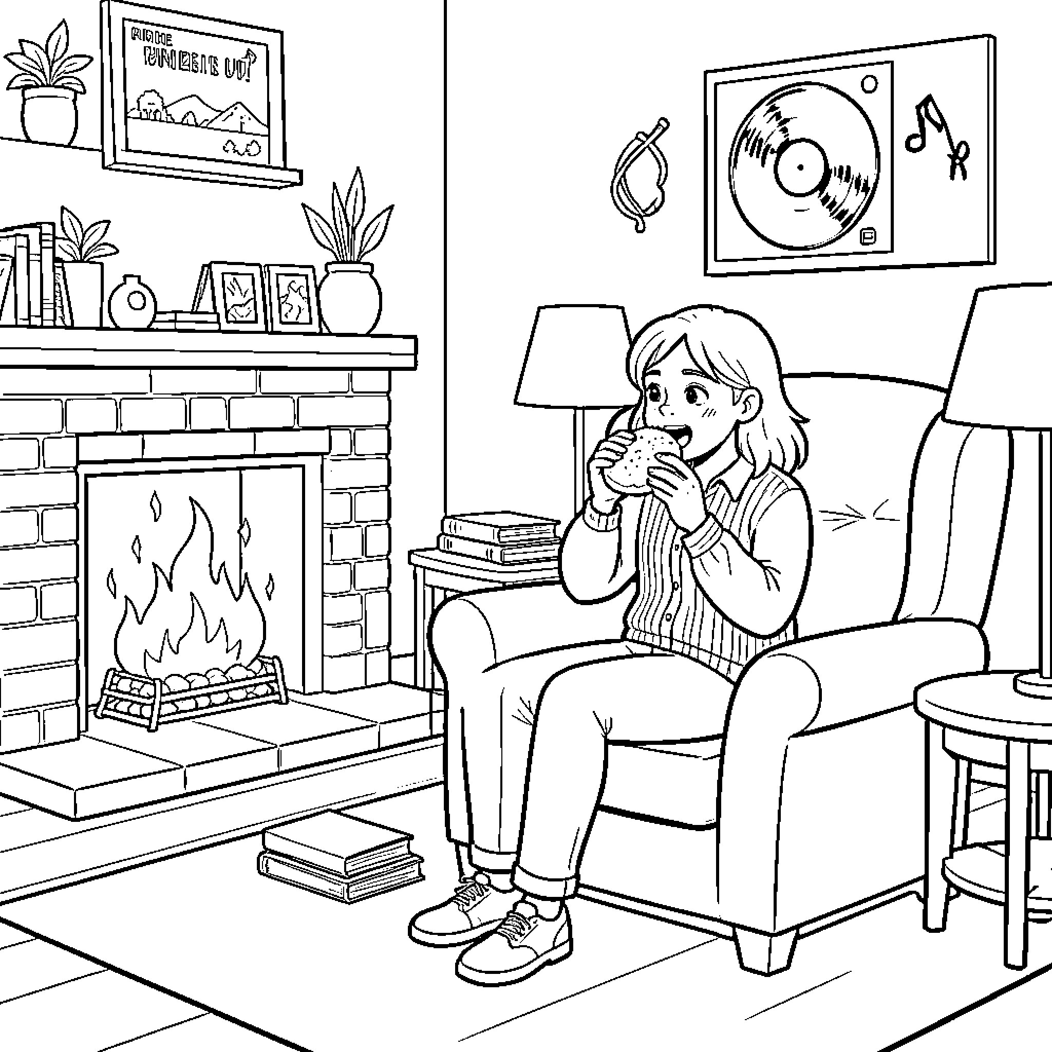 Persona sitting in armchair eating a snack by fireplace Coloring Page (free black-and-white line drawing printable PDF for all, from beginners to advanced learners, including children, teens, adults, and seniors)