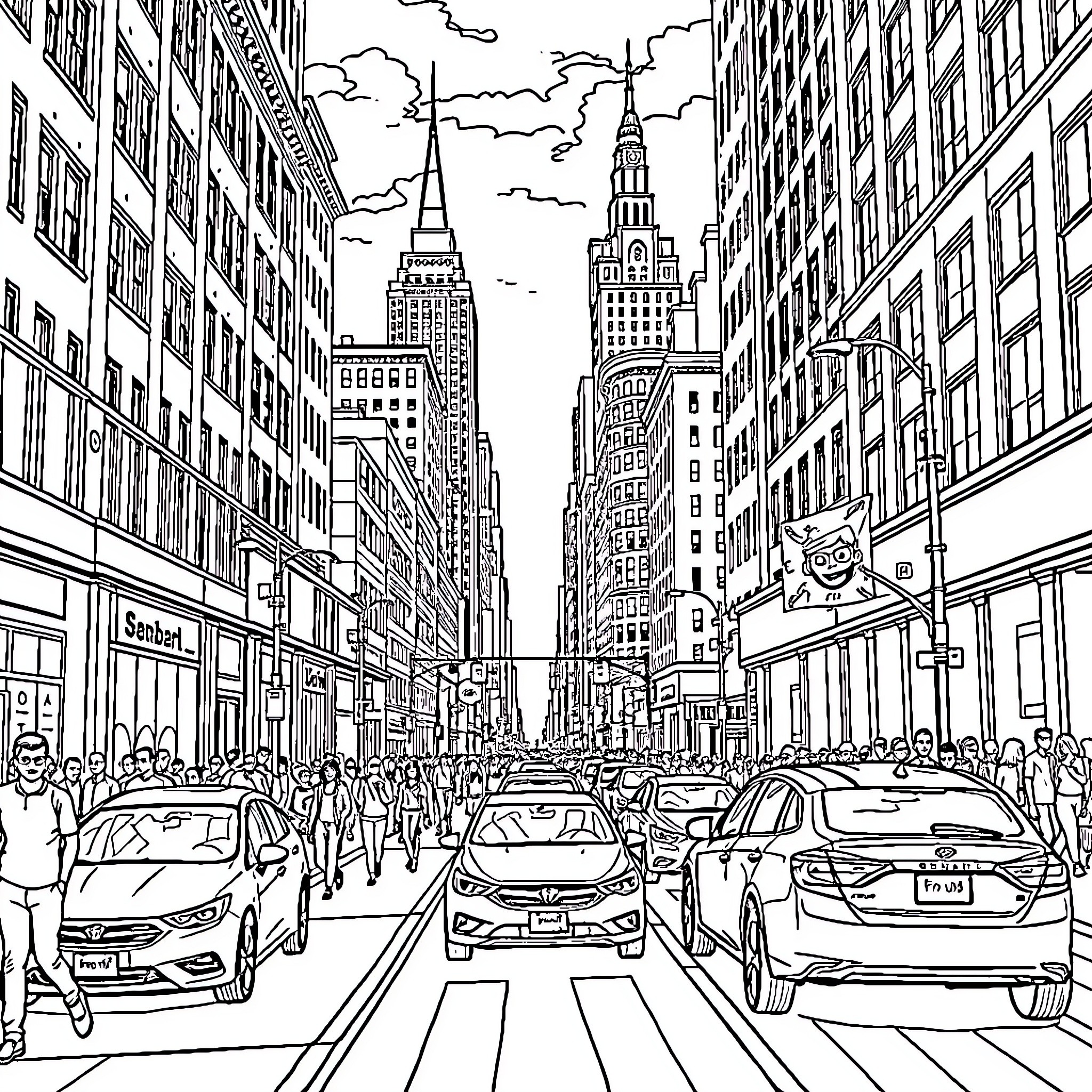 City street scene with bustling crowds and skyscrapers Coloring Page (free black-and-white line drawing printable PDF for all, from beginners to advanced learners, including children, teens, adults, and seniors)