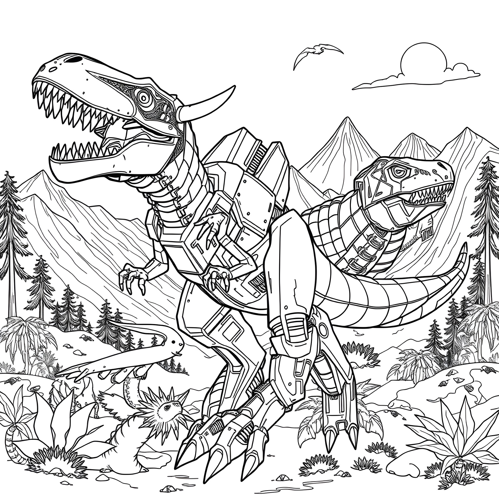 Dinosaur Robot Warriors in Prehistoric Landscape Coloring Page (free black-and-white line drawing printable PDF for all, from beginners to advanced learners, including children, teens, adults, and seniors)