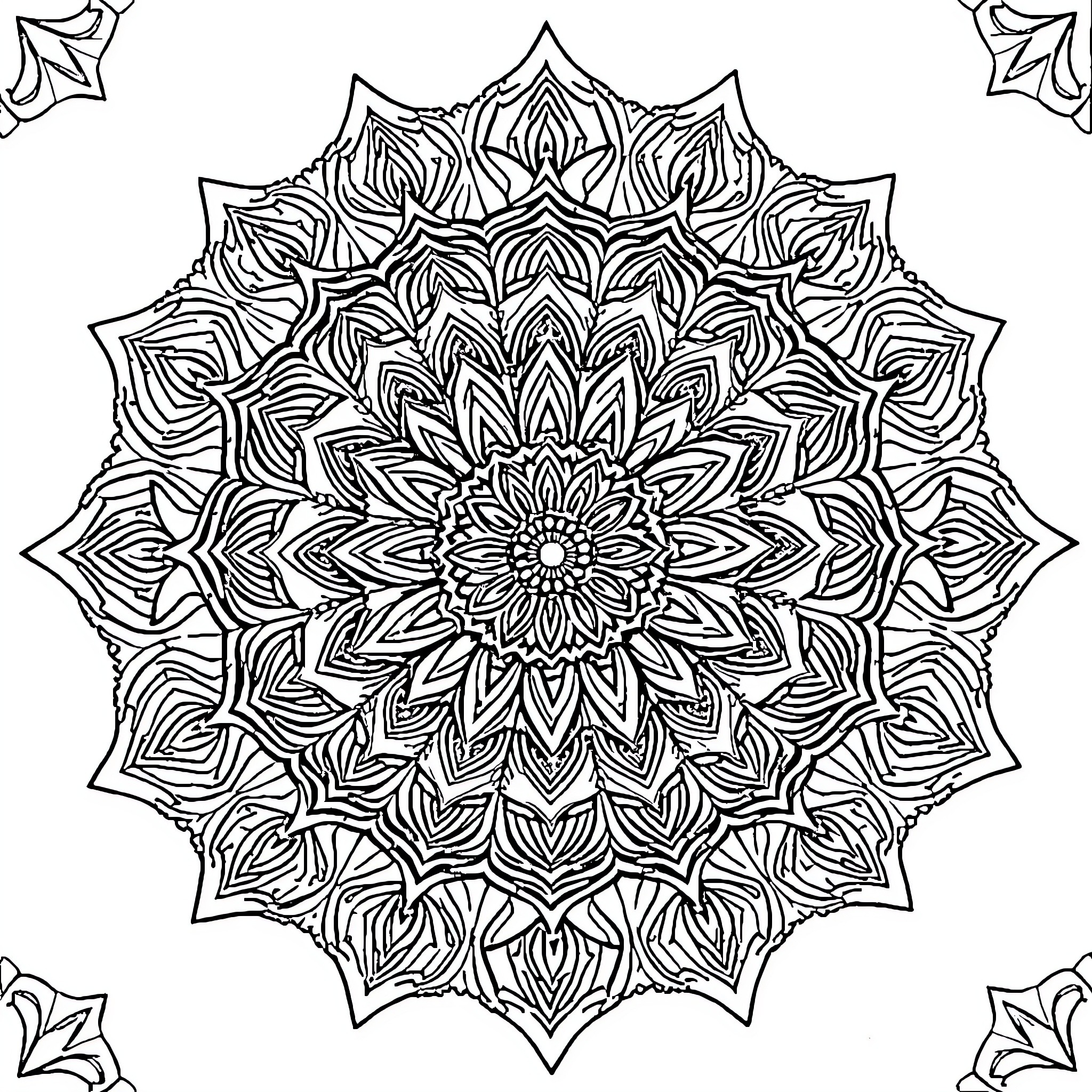 Mandalas of intricate symmetrical patterns Coloring Page (free black-and-white line drawing printable PDF for all, from beginners to advanced learners, including children, teens, adults, and seniors)
