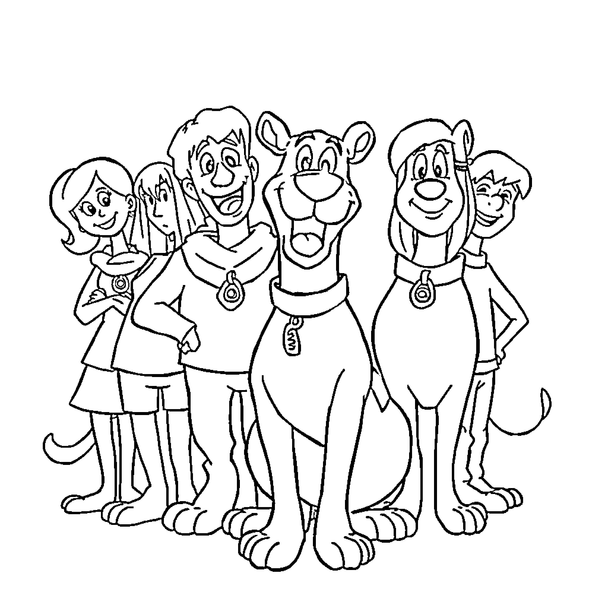 Scooby Doo and the Gang on an Adventure Coloring Page (free black-and-white line drawing printable PDF for all, from beginners to advanced learners, including children, teens, adults, and seniors)