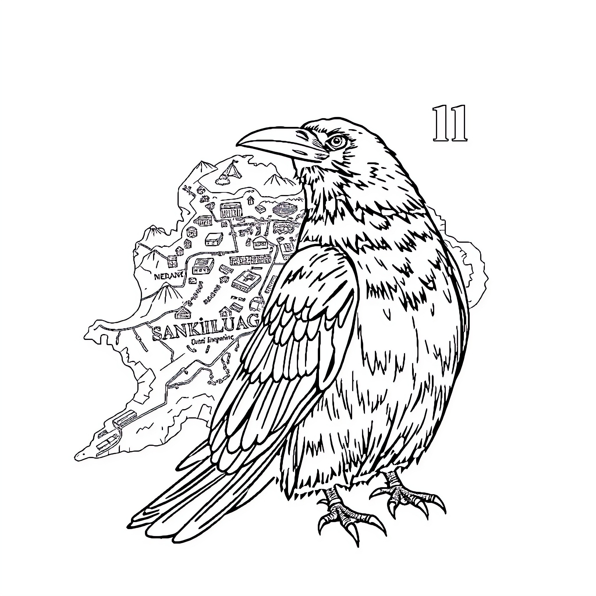Crow perched on a detailed map of a region Coloring Page (free black-and-white line drawing printable PDF for all, from beginners to advanced learners, including children, teens, adults, and seniors)