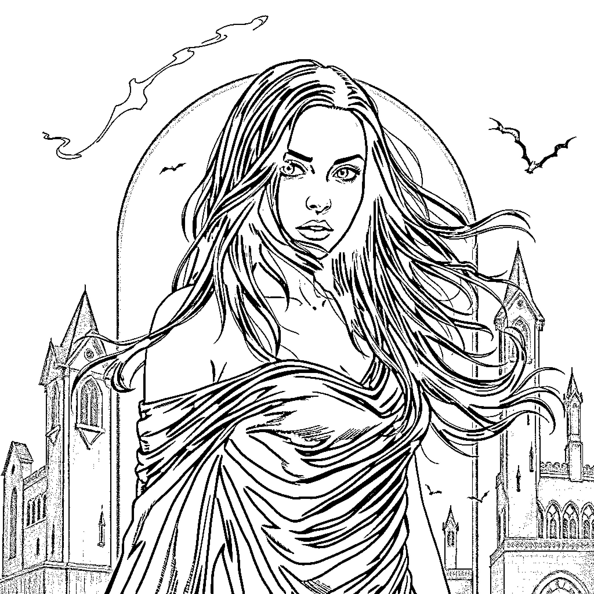 Amy Lee's Haunting Gothic Apparition Coloring Page (free black-and-white line drawing printable PDF for all, from beginners to advanced learners, including children, teens, adults, and seniors)