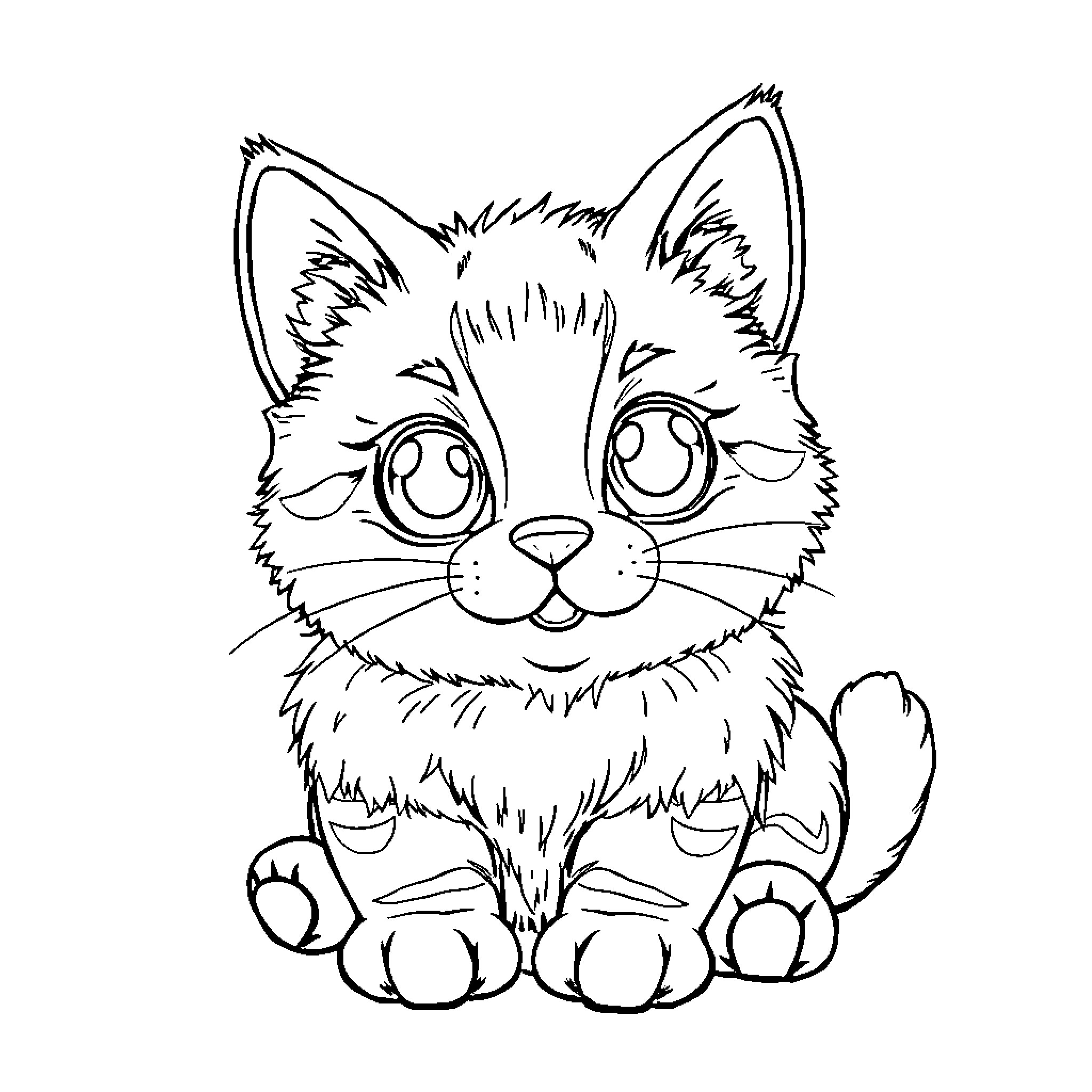 Cat with cute expression and fluffy appearance Coloring Page (free black-and-white line drawing printable PDF for all, from beginners to advanced learners, including children, teens, adults, and seniors)