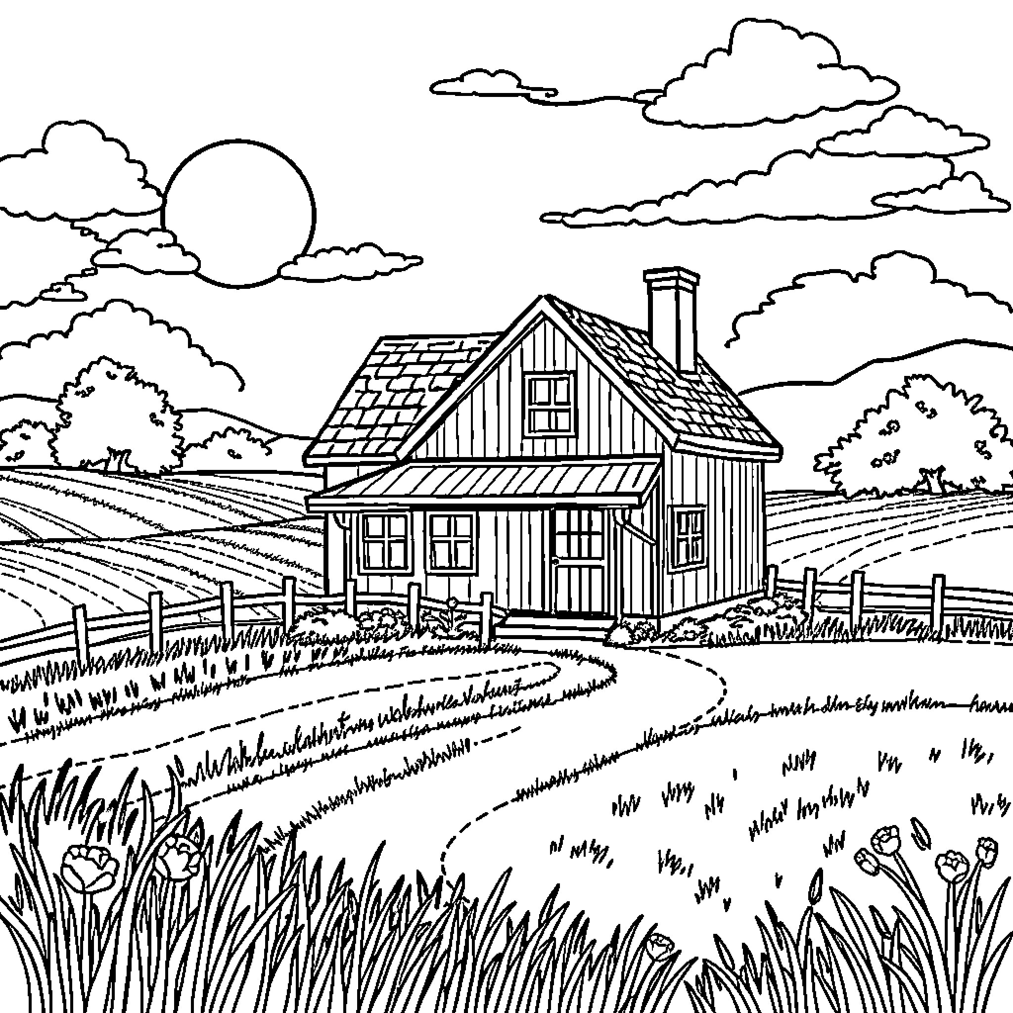House with Cozy Countryside Scene Coloring Page (free black-and-white line drawing printable PDF for all, from beginners to advanced learners, including children, teens, adults, and seniors)