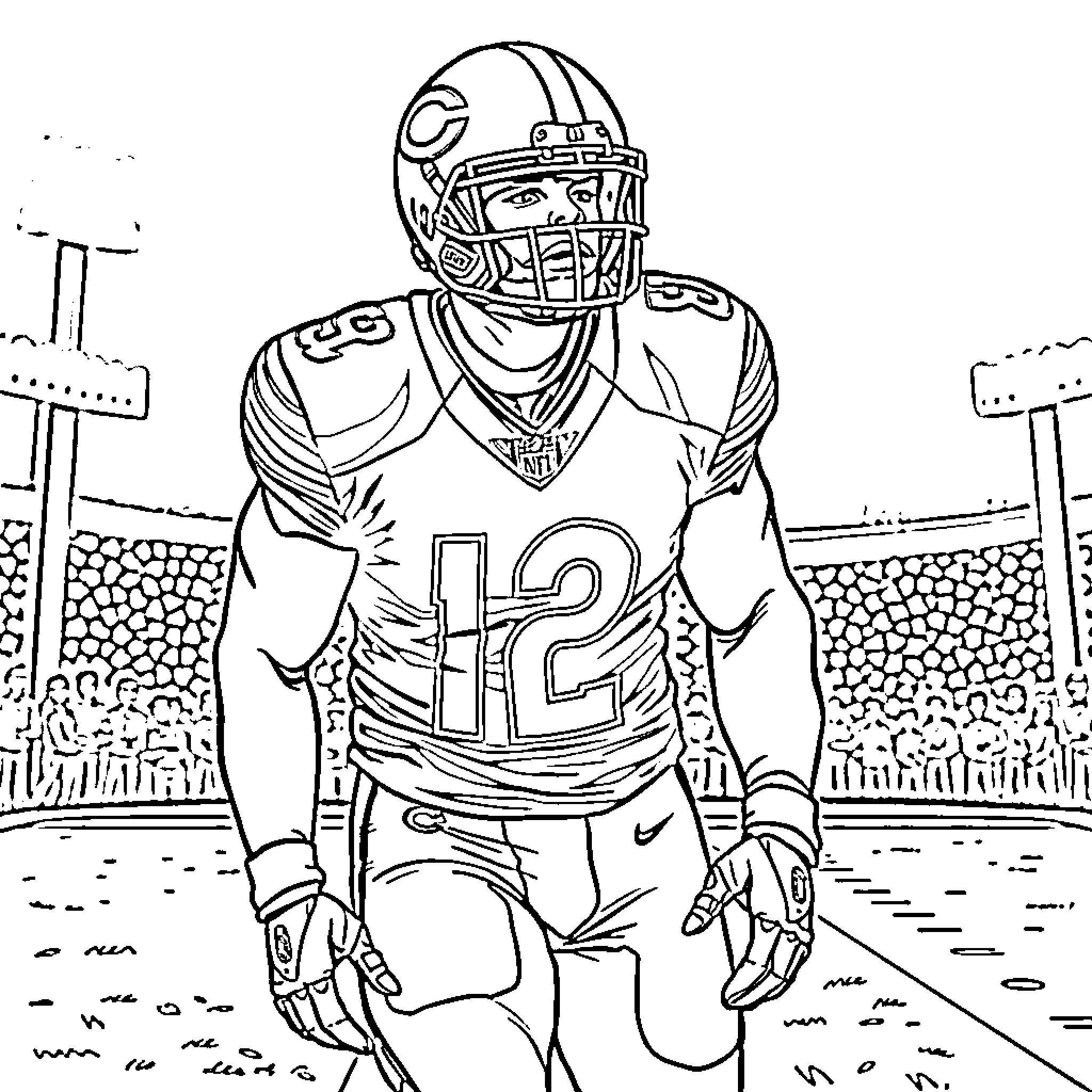 Chicago Bears Player in Uniform on Football Field Coloring Page (free black-and-white line drawing printable PDF for all, from beginners to advanced learners, including children, teens, adults, and seniors)