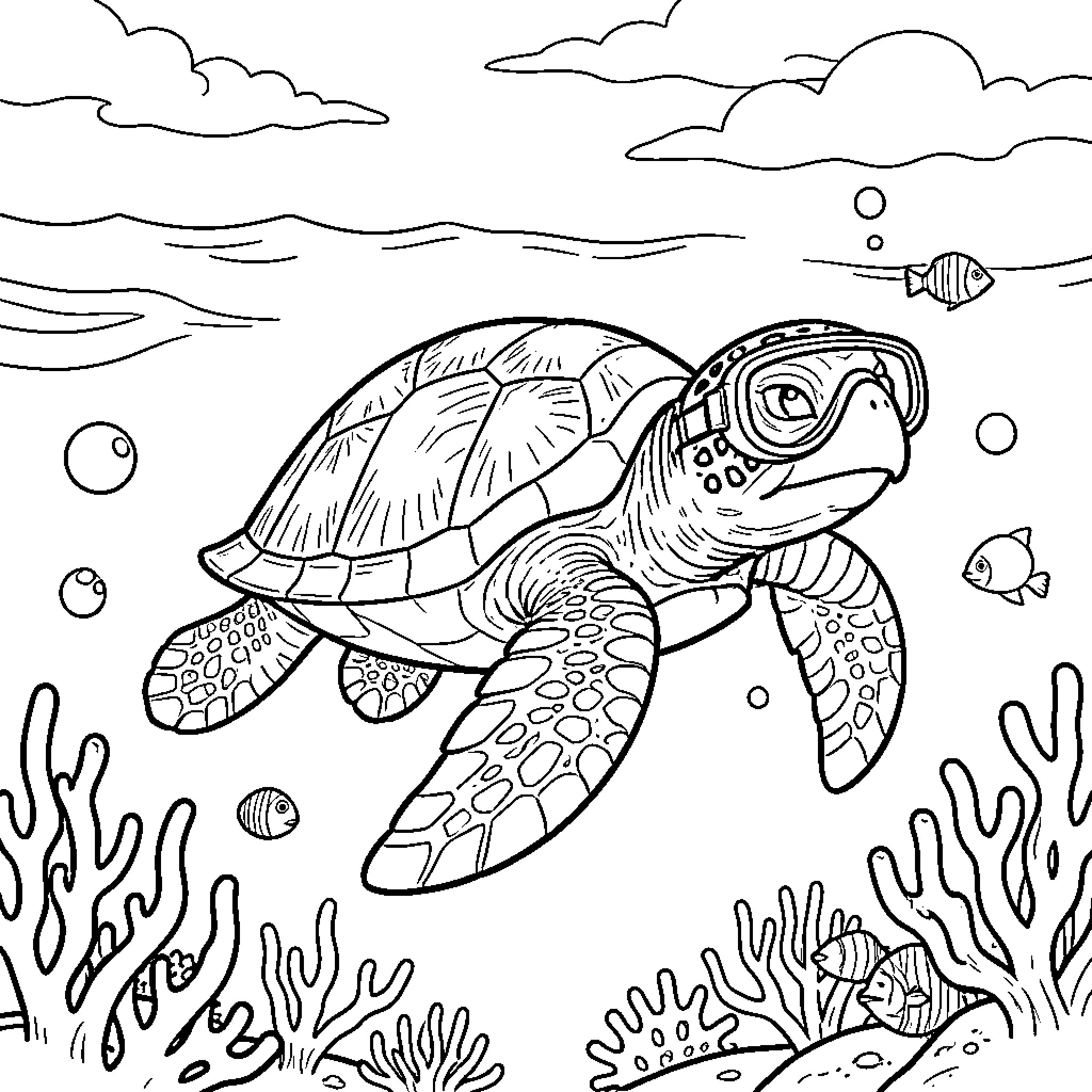Turtle wearing goggles swimming through an underwater coral reef Coloring Page (free black-and-white line drawing printable PDF for all, from beginners to advanced learners, including children, teens, adults, and seniors)