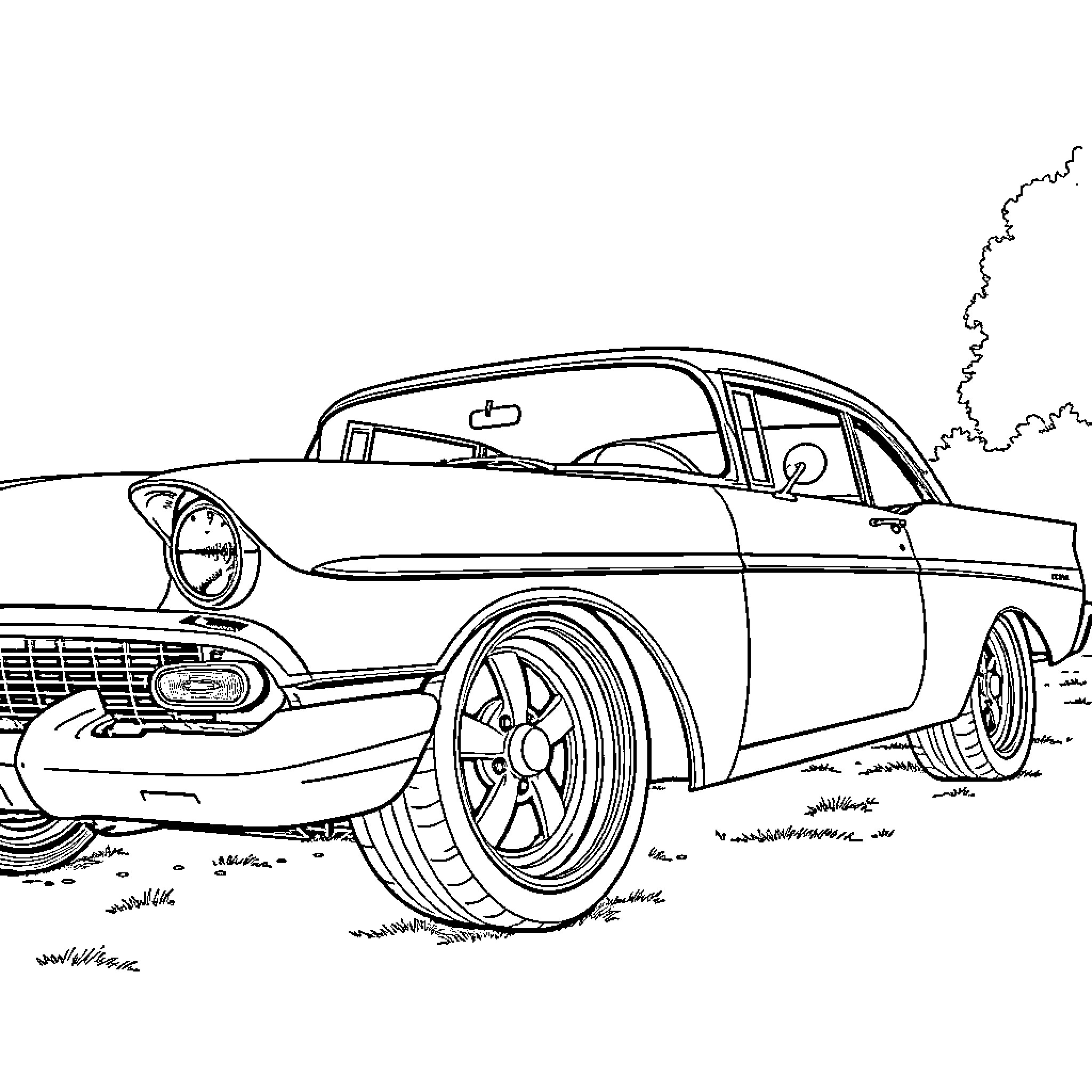 Chevy classic car in action on the road Coloring Page (free black-and-white line drawing printable PDF for all, from beginners to advanced learners, including children, teens, adults, and seniors)