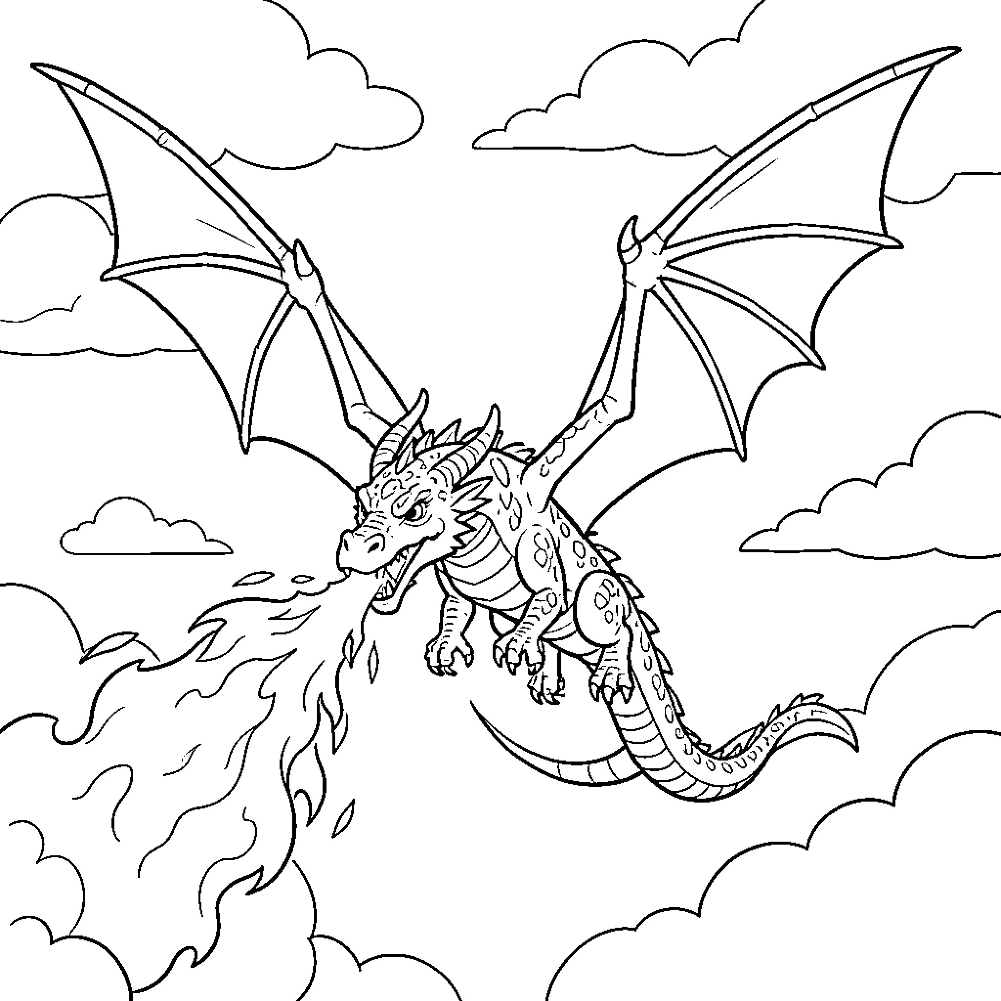 Dragon flying through clouds breathing intense fire Coloring Page (free black-and-white line drawing printable PDF for all, from beginners to advanced learners, including children, teens, adults, and seniors)