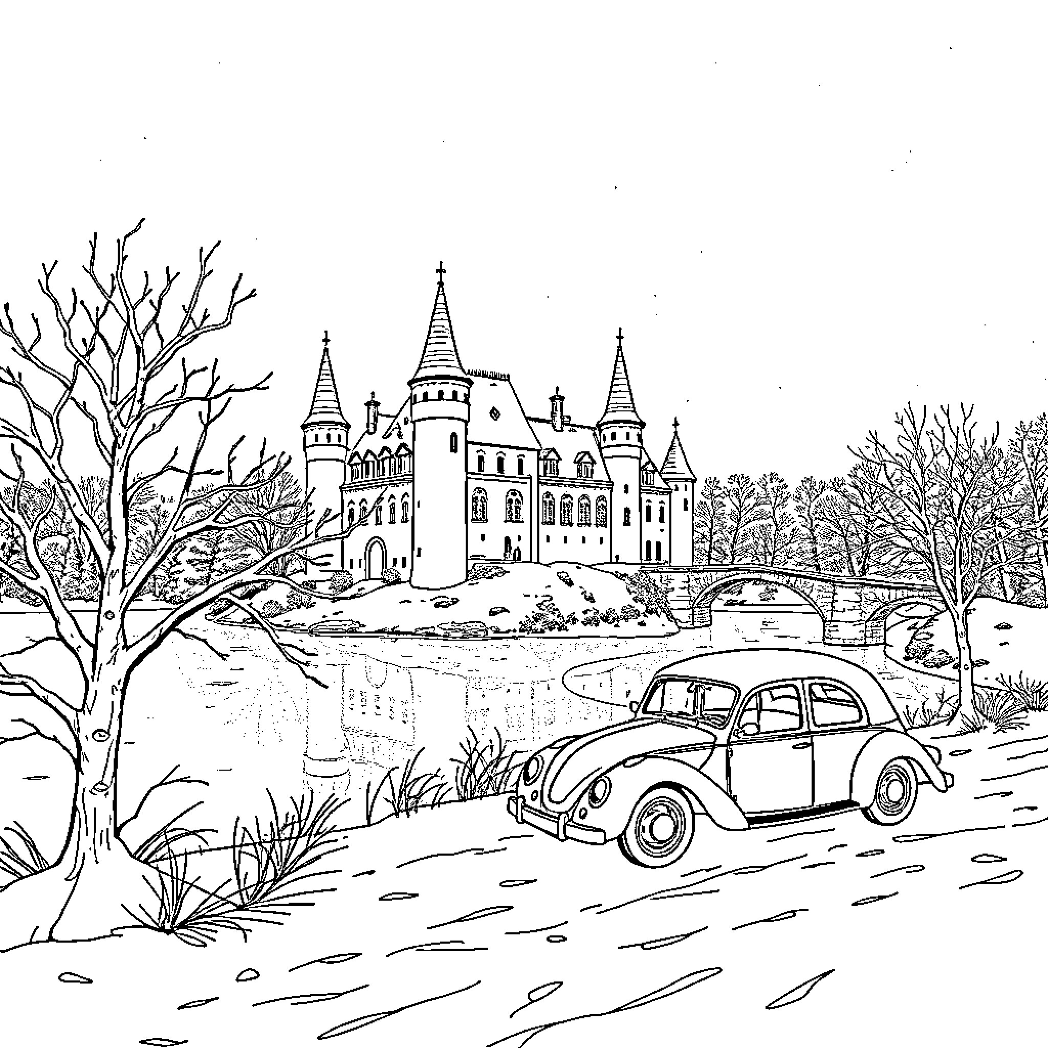 Poudlard Castle and Vintage Car in Snowy Landscape Coloring Page (free black-and-white line drawing printable PDF for all, from beginners to advanced learners, including children, teens, adults, and seniors)